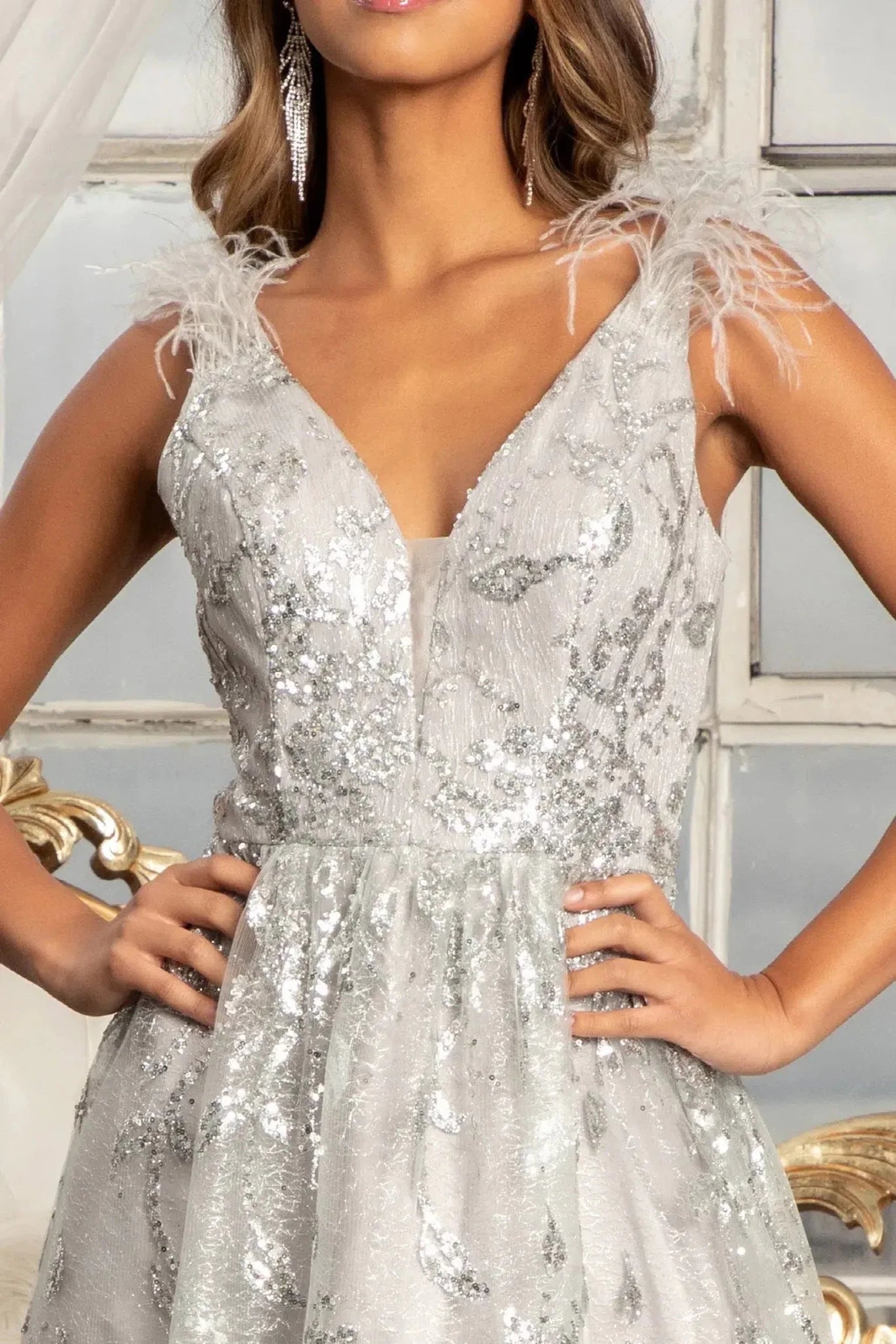 Silver mesh sequin feather shoulder mother of the bride dress front bodice view
