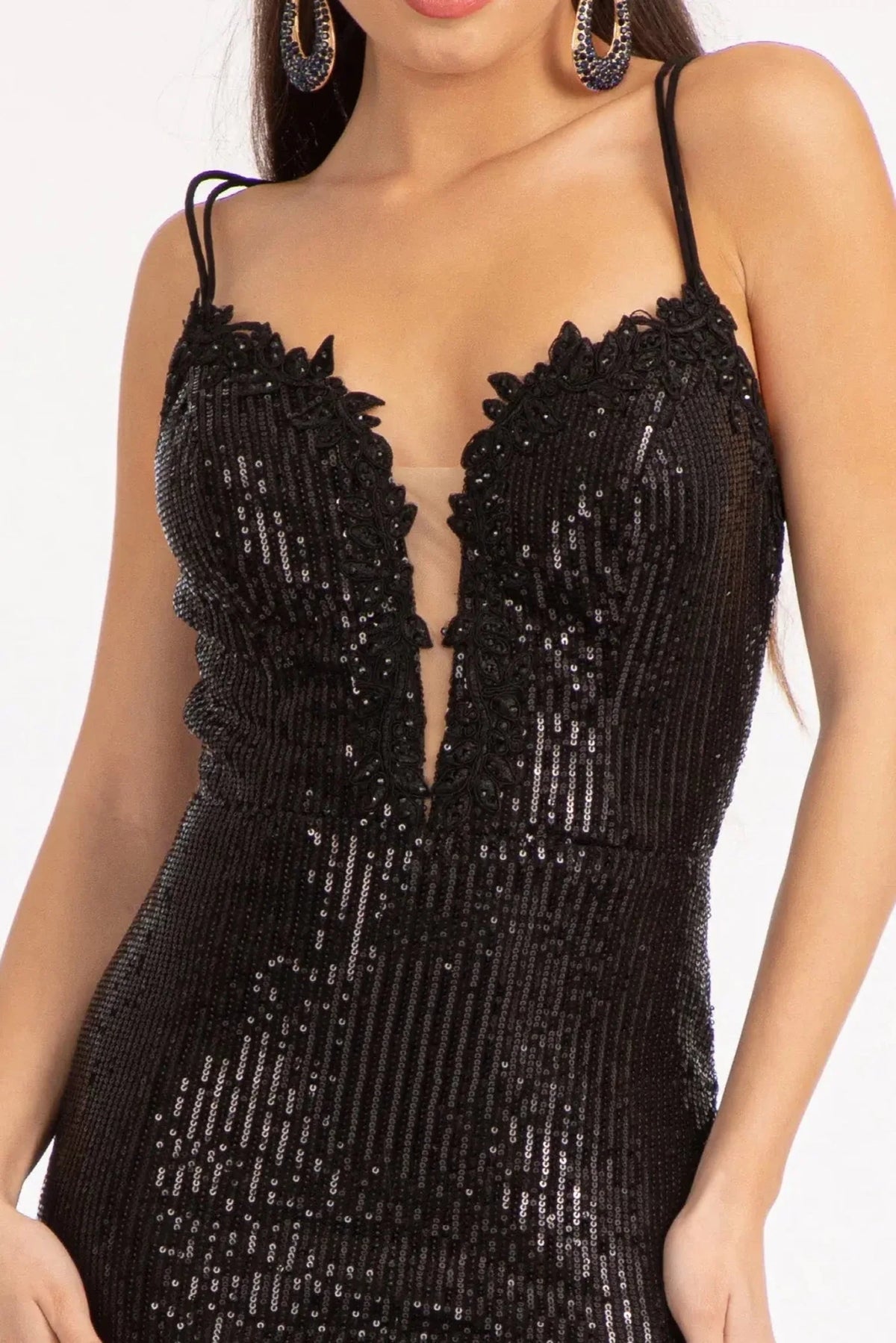 Black illusion v-neck prom evening dress upper front with beads, embroidery, sequin
