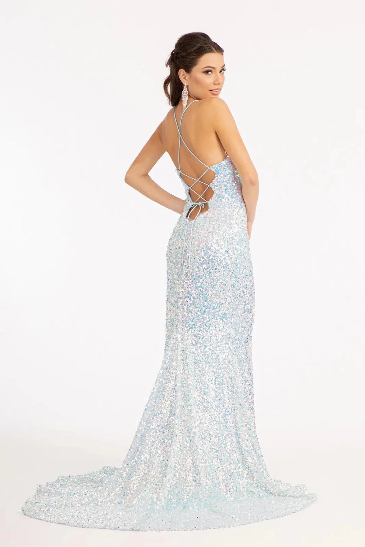 Blue prom evening dress full back with lace-up back