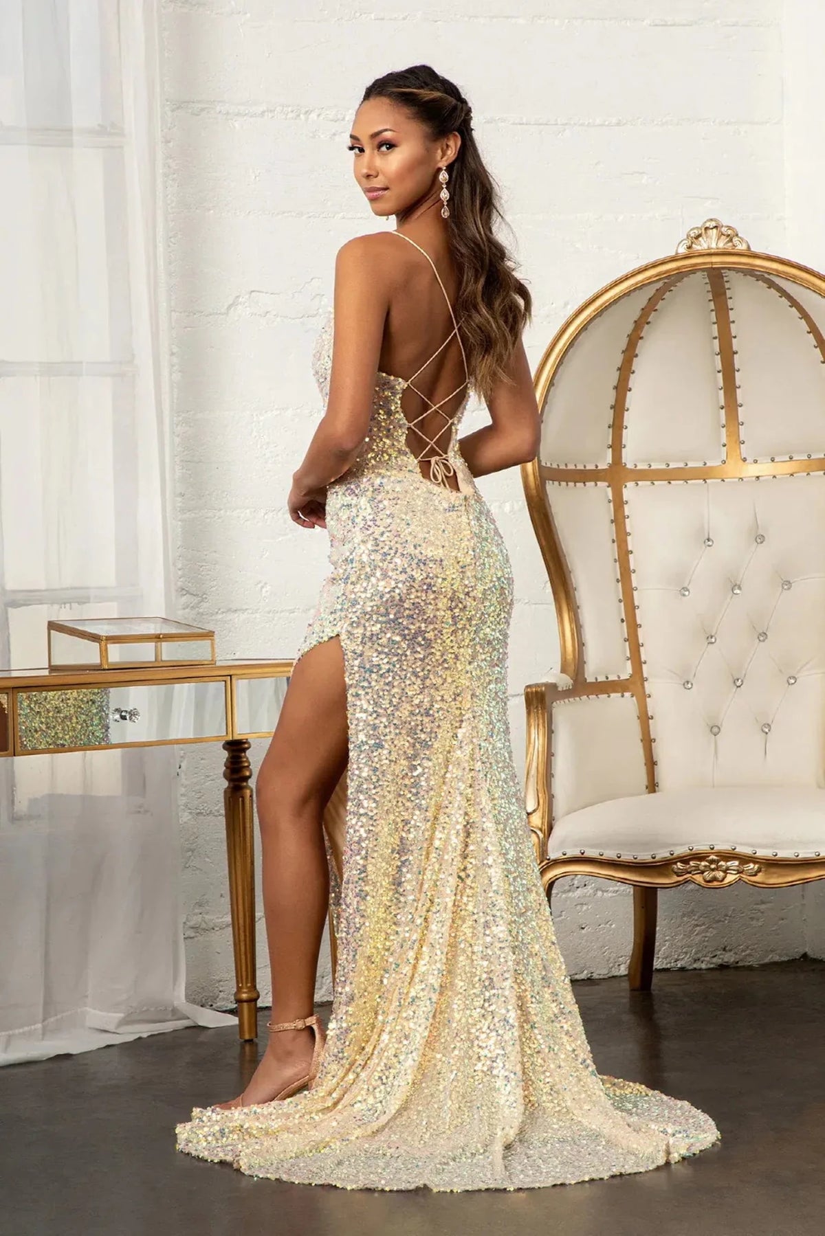 Light Gold prom evening dress full back with lace-up back