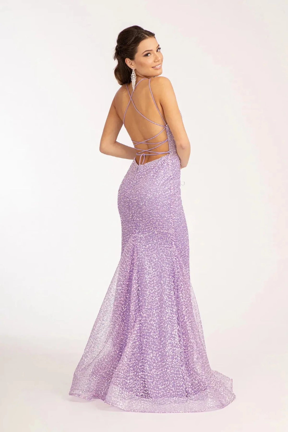 Lilac prom evening dress full back with lace-up back