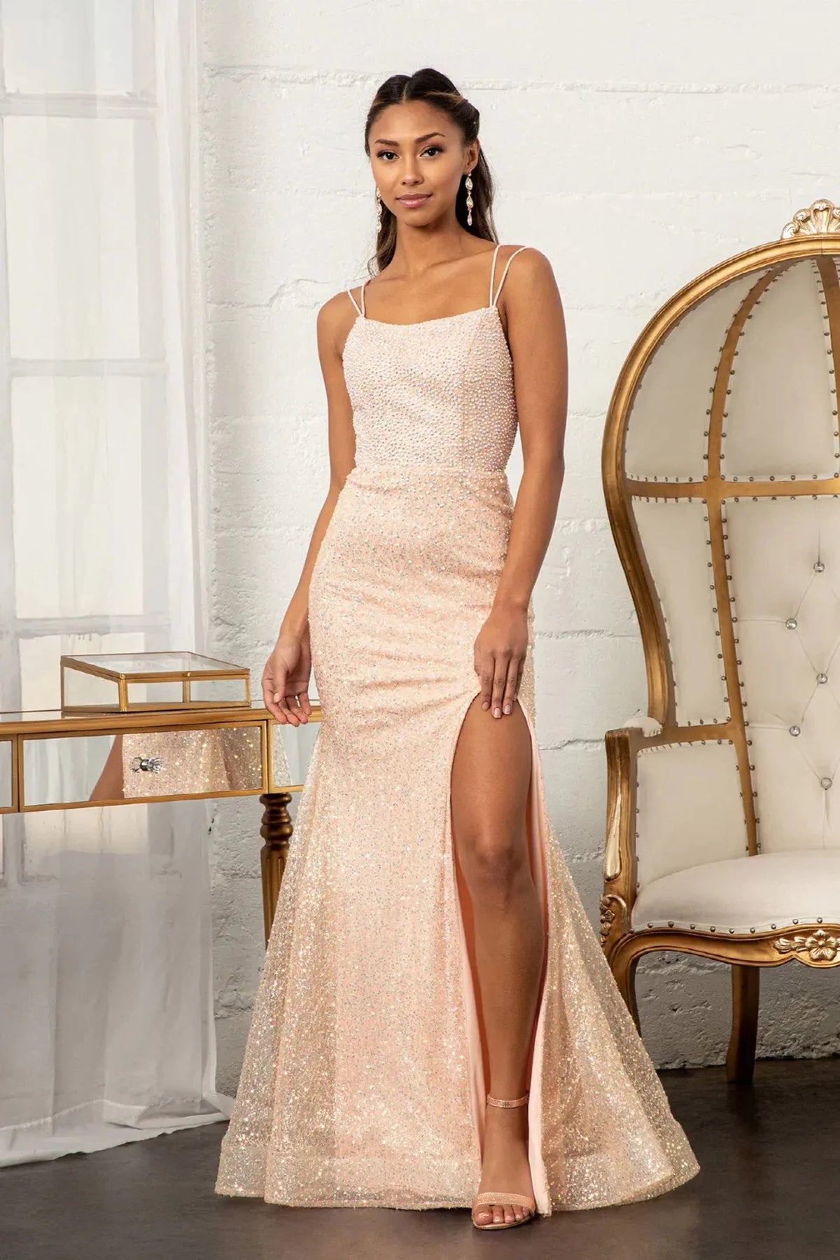 Rose Gold sequin prom evening dress full front