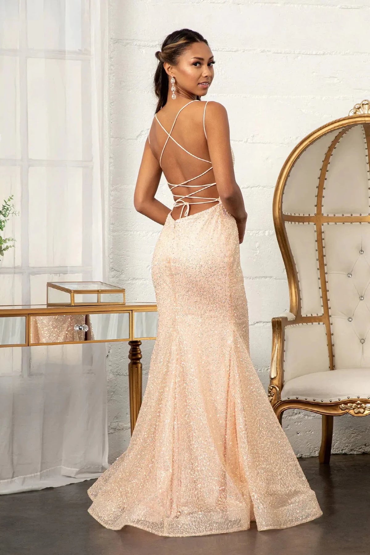 Rose Gold prom evening dress full back with lace-up back