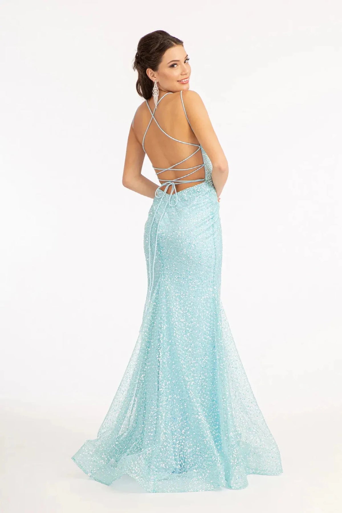 Turquoise prom evening dress full back with lace-up back