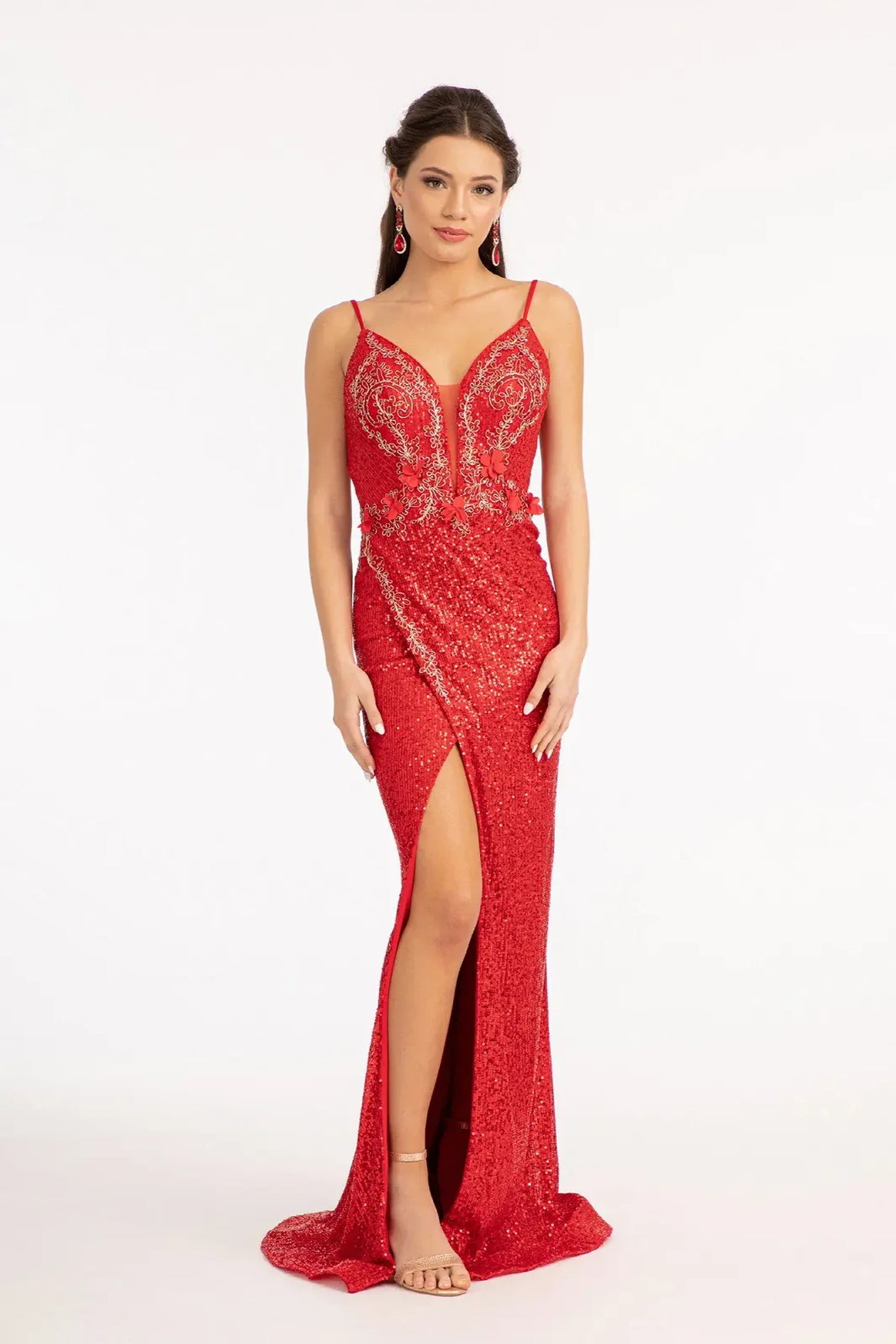 Red lace, sequin mermaid mother of the bride dress with illusion v-neck