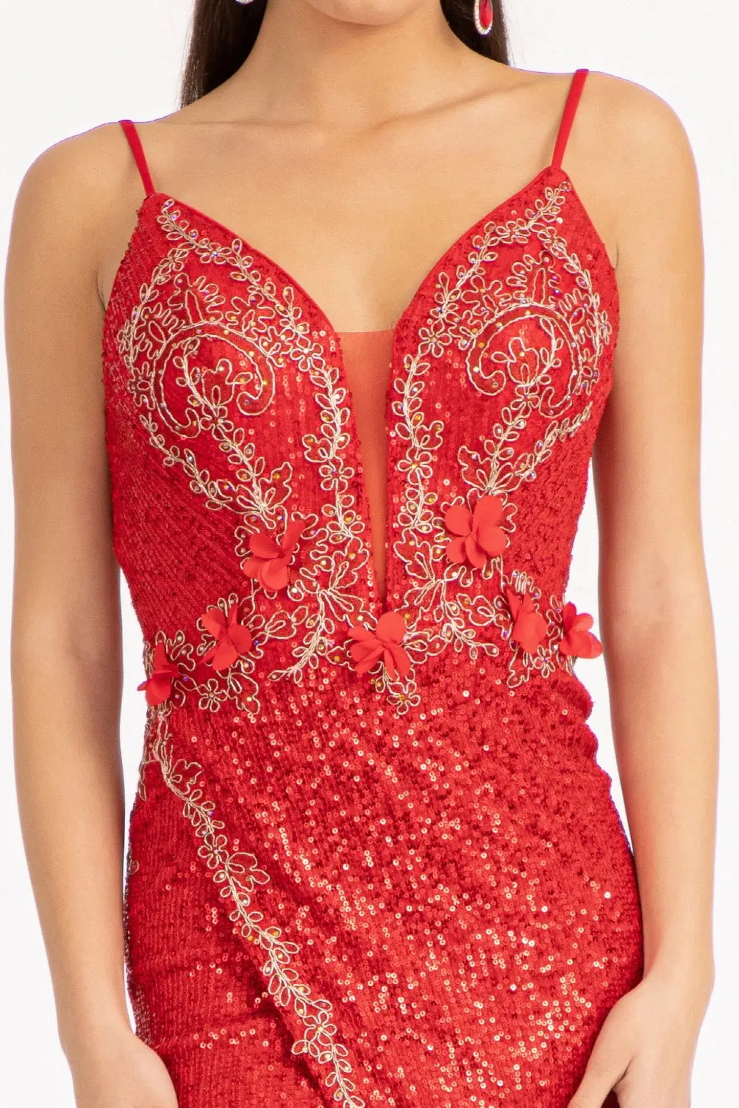 Red mother of the bride dress featuring illusion v-neck bodice with spaghetti strap and applique, beads, embroidery, sequin