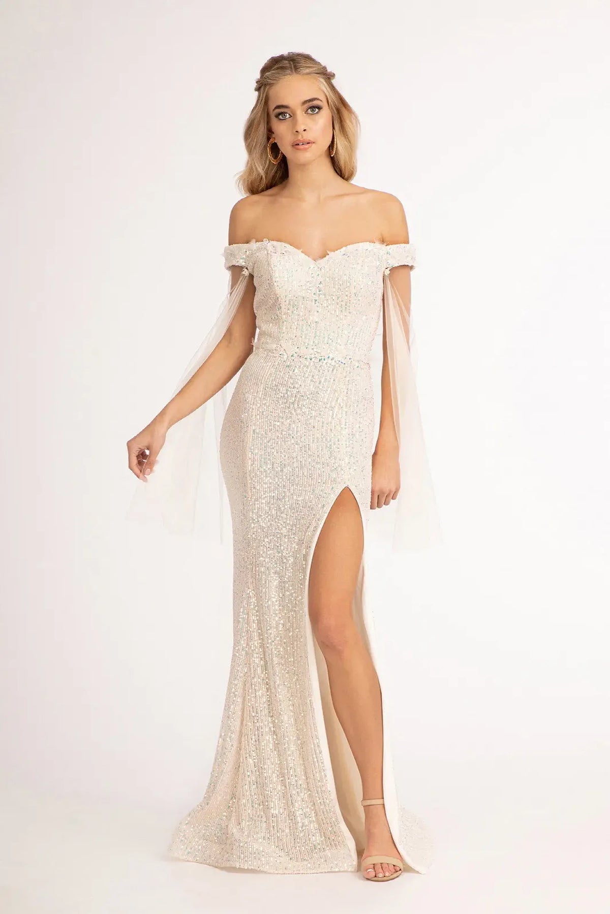 Champagne mother of the bride dress with a thigh-high slit and sequin finish