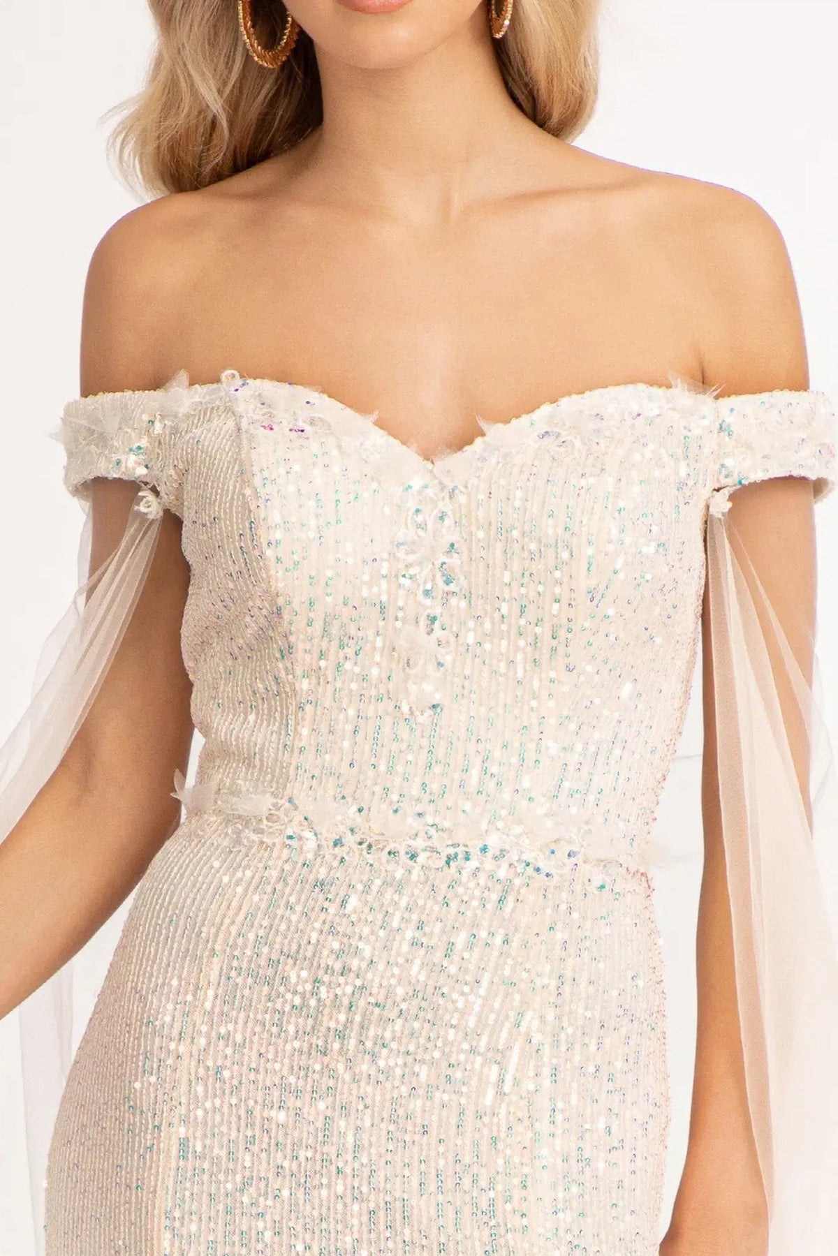 Champagne mother of the bride dress with an off-shoulder beaded neckline