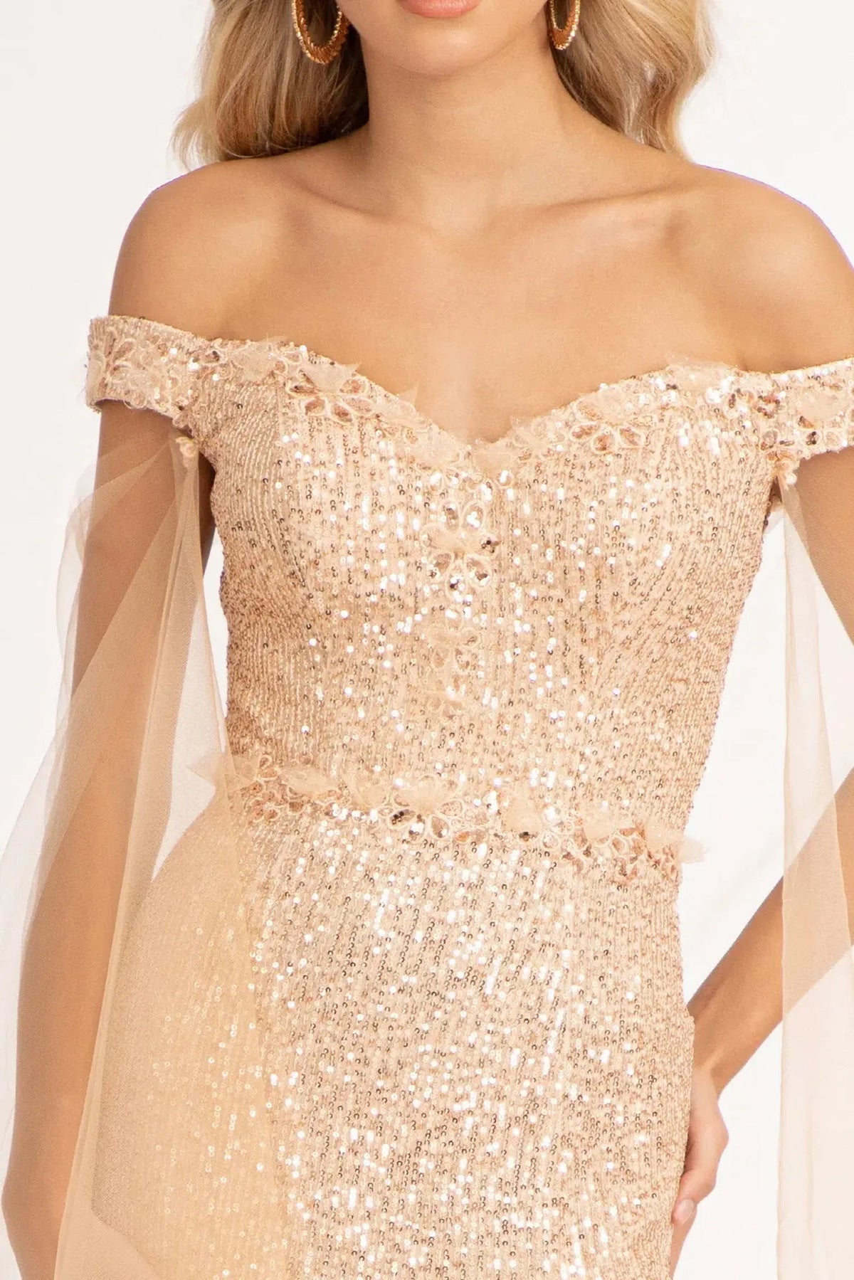 Rose Gold mother of the bride dress with a beaded off-shoulder bodice