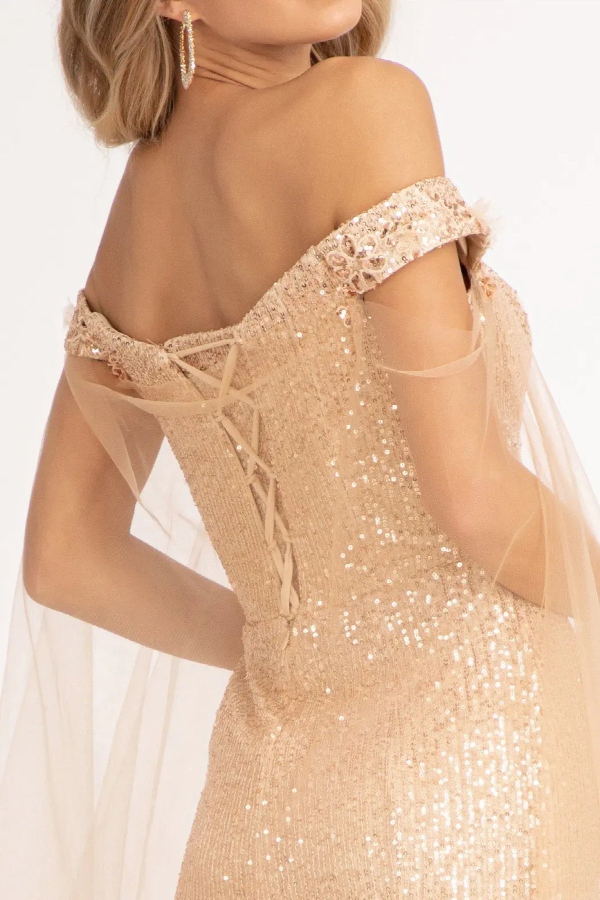 Rose Gold mother of the bride dress with crisscross lacing across the open back