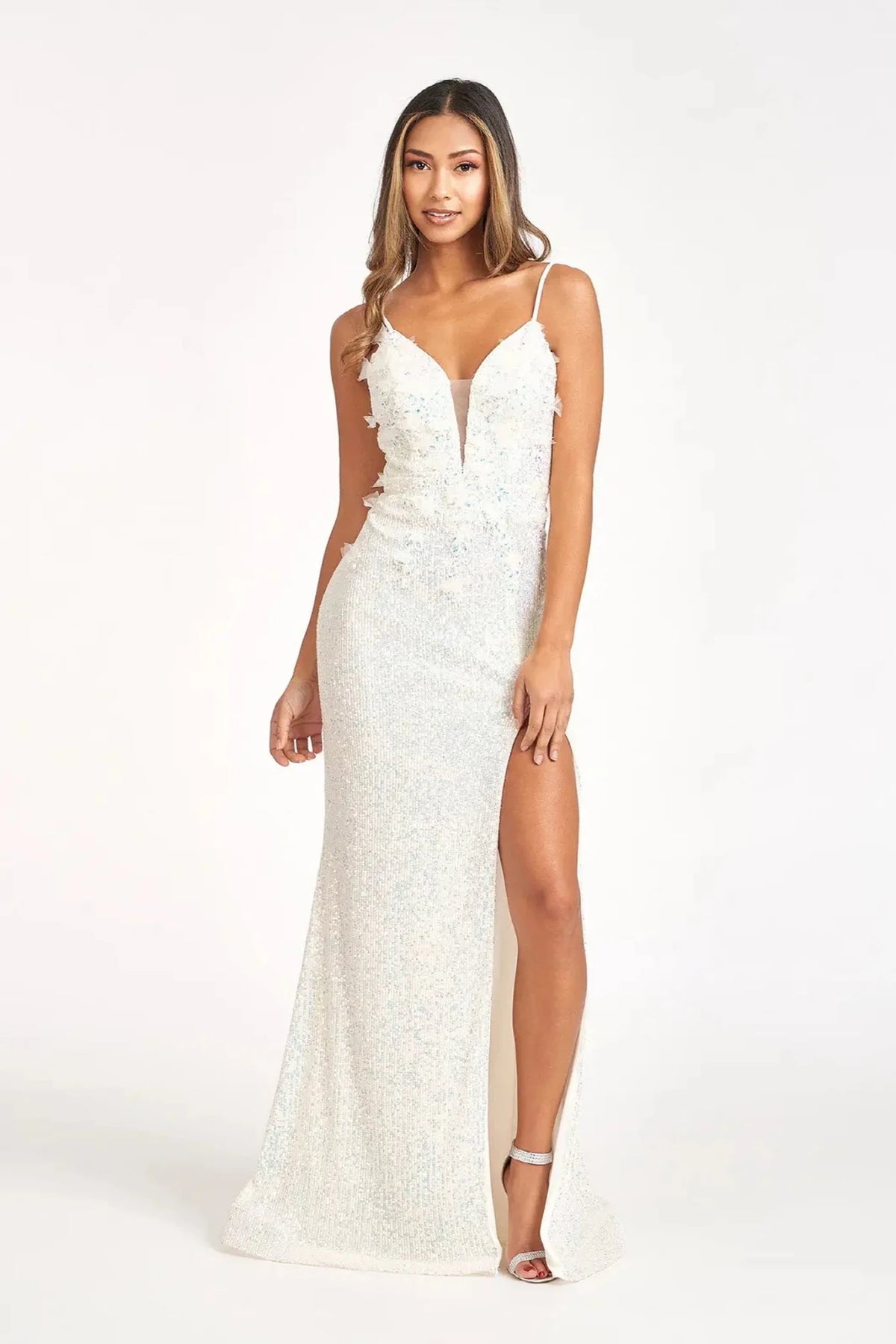 Champagne appliqué prom evening dress full front