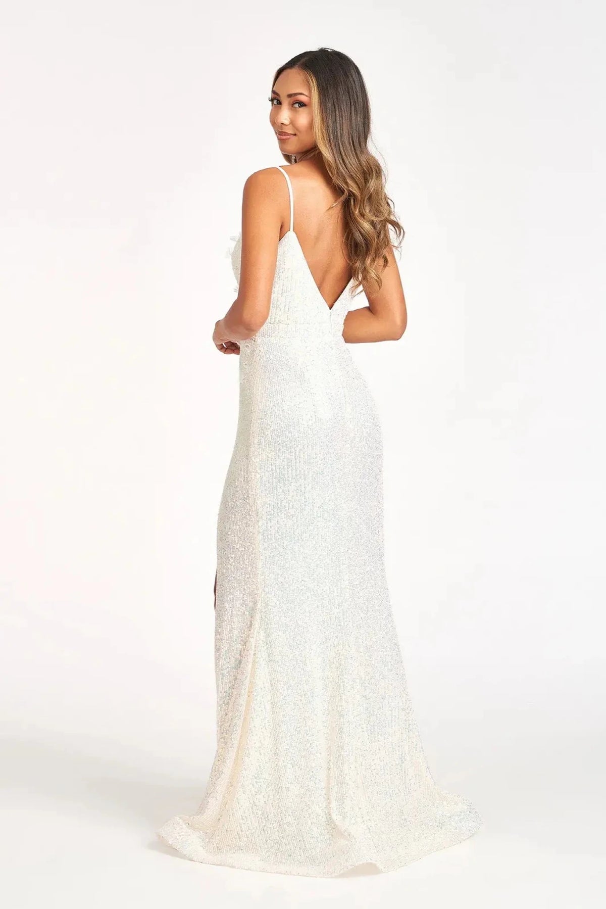 Champagne prom evening dress full back with open back