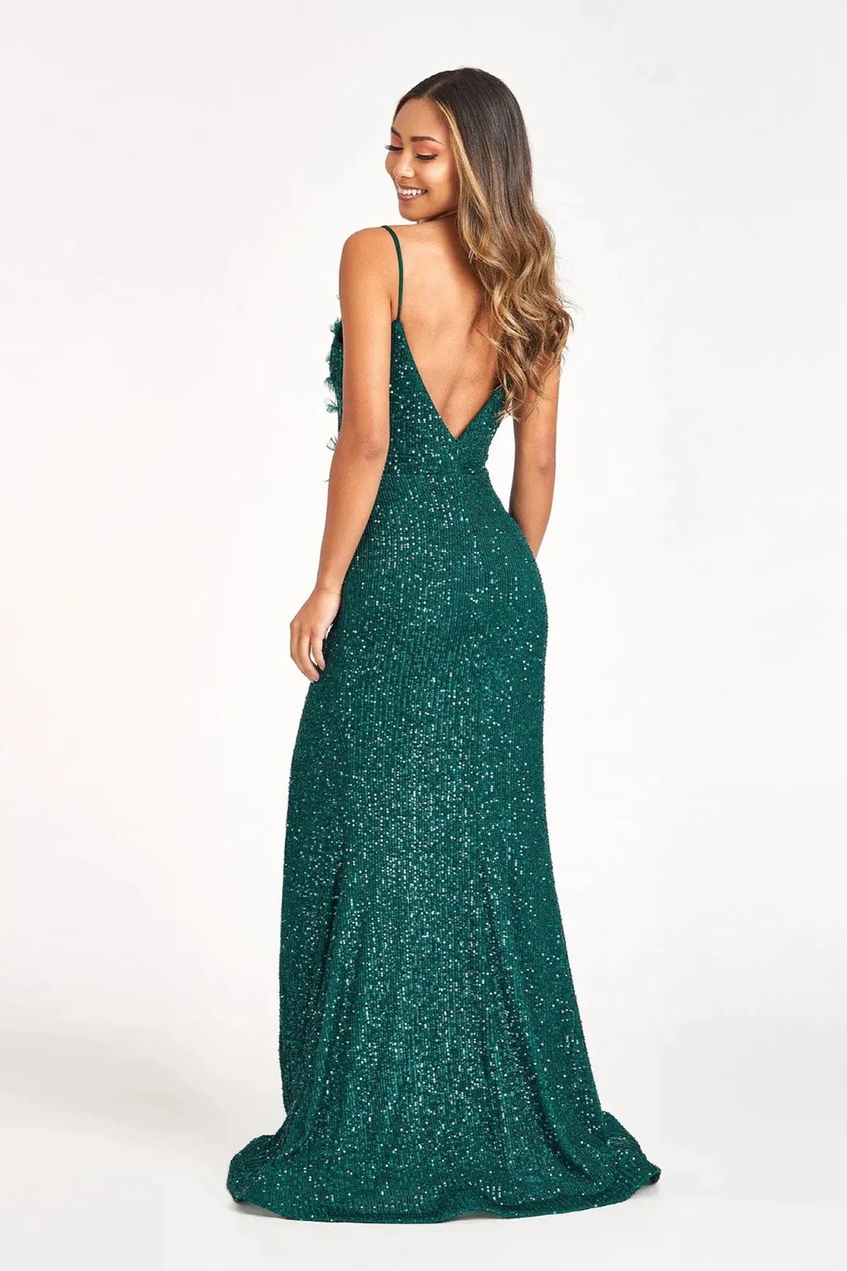 Green prom evening dress full back with open back