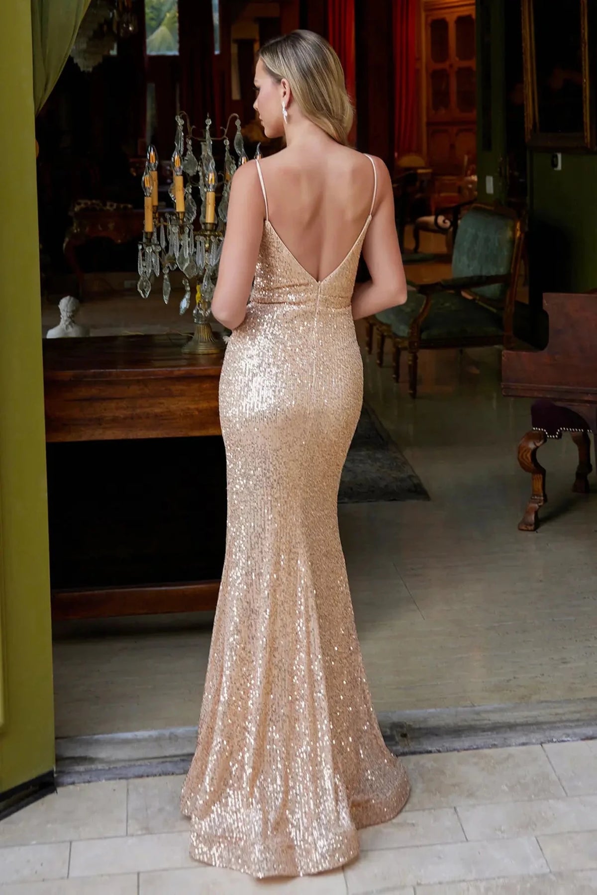 Rose Gold prom evening dress full back with open back