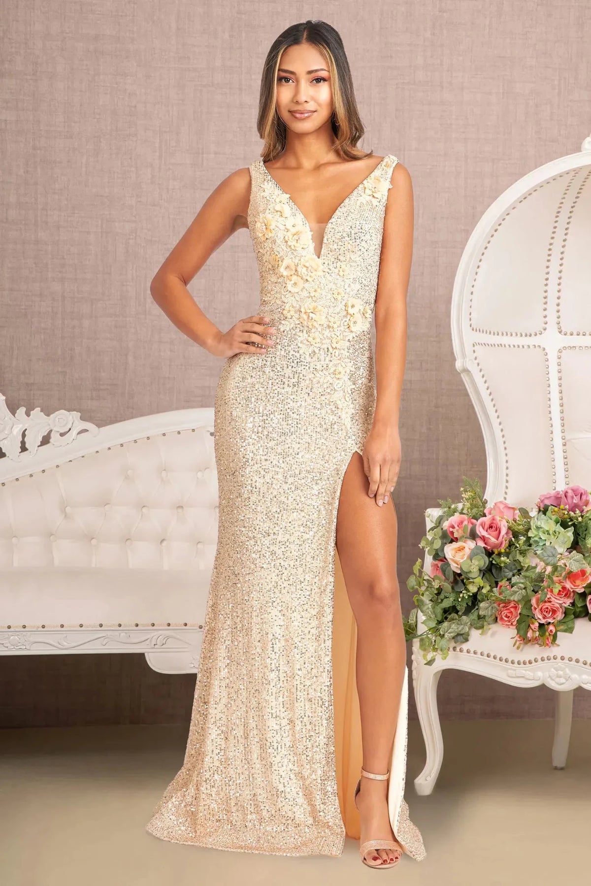Gold appliqué prom evening dress full front