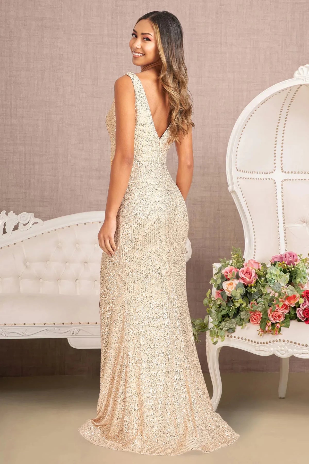 Gold prom evening dress full back with open back