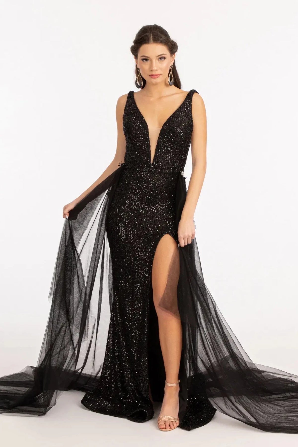 Black appliqué prom evening dress full front
