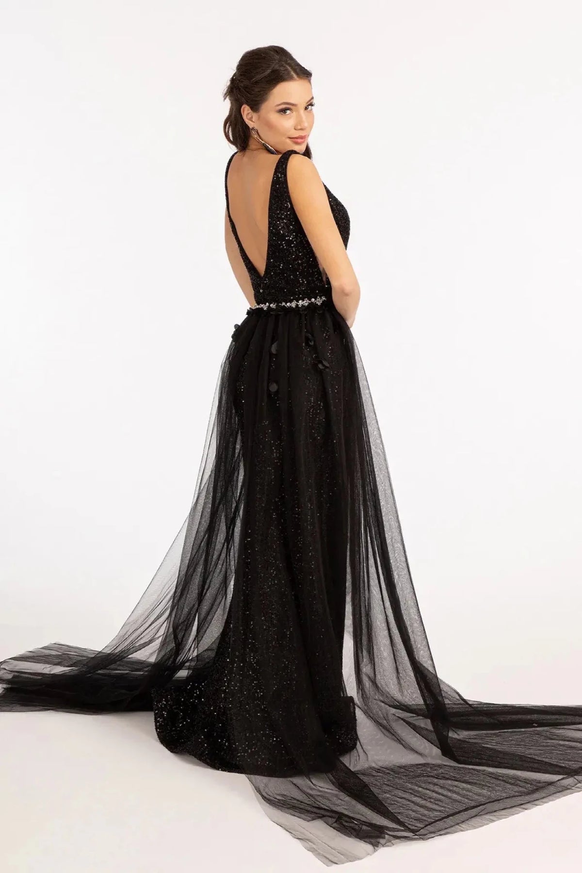 Black prom evening dress full back with open back