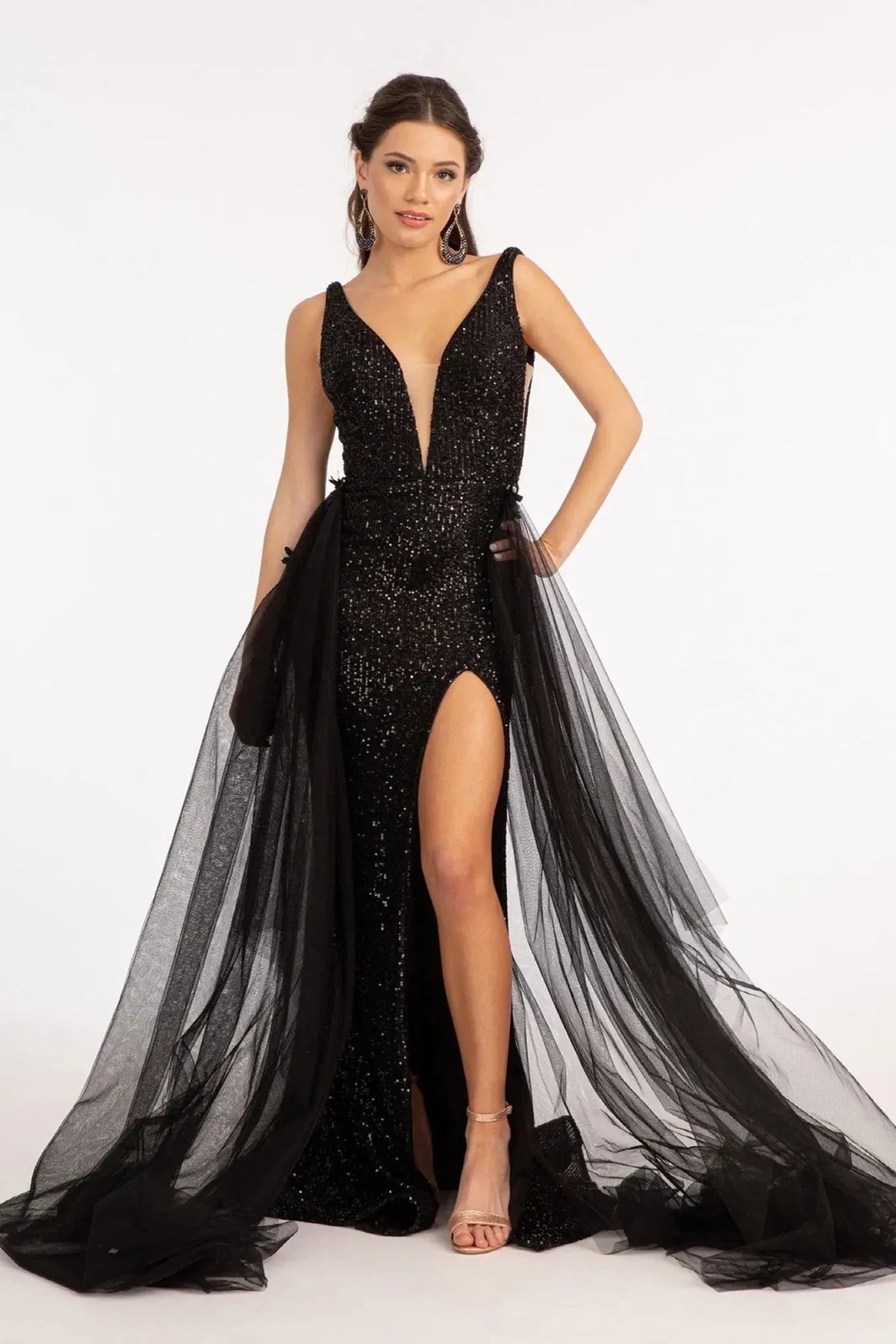 Black illusion v-neck prom evening dress upper front with applique, beads, jewel, sequin