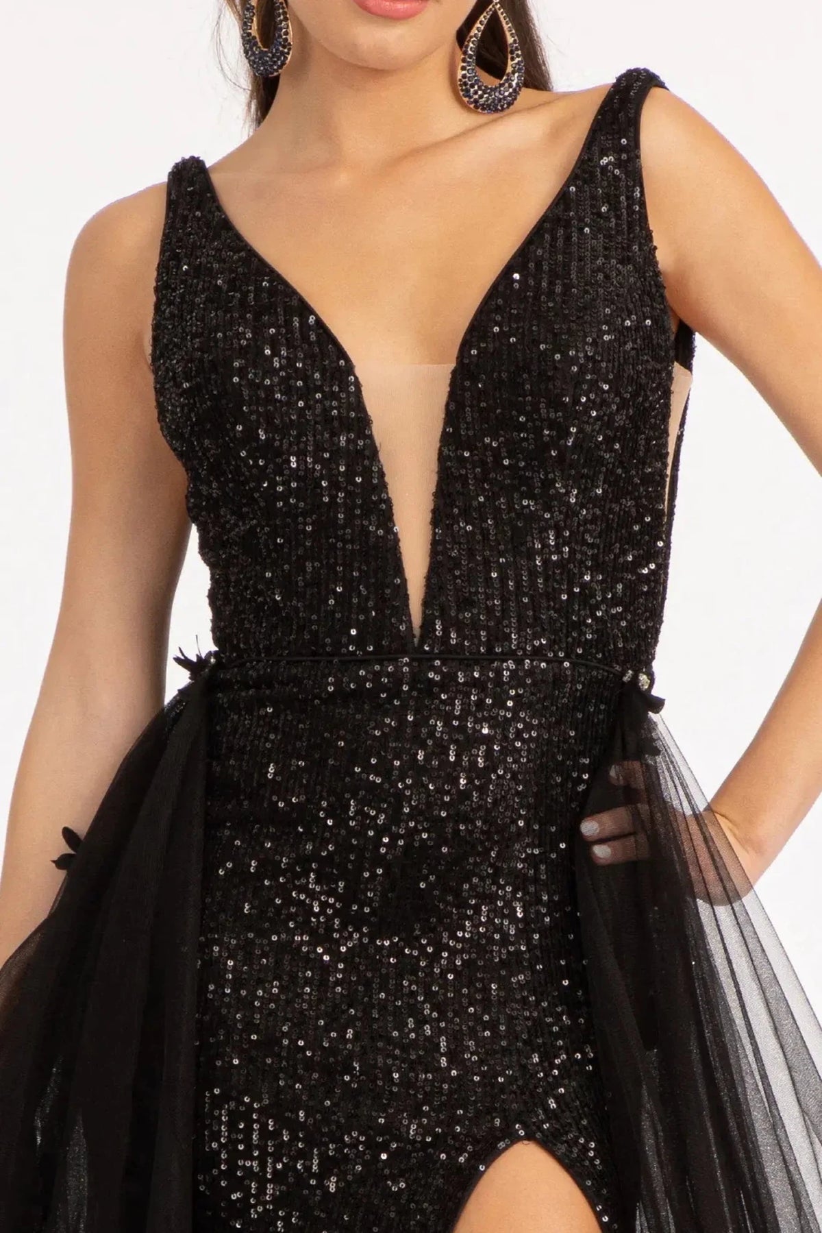 Black prom evening dress mermaid skirt detail