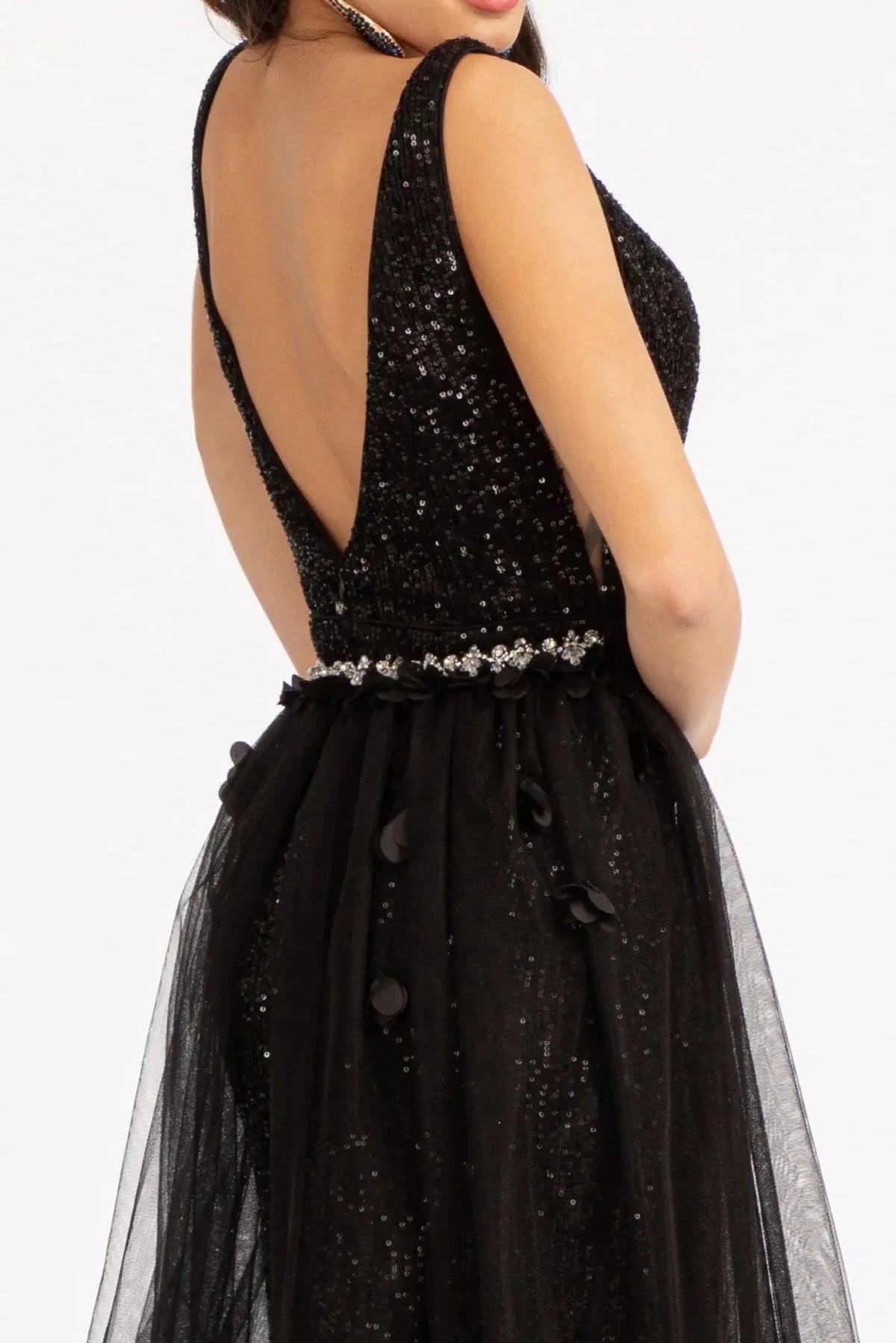 Black prom evening dress straps bodice detail