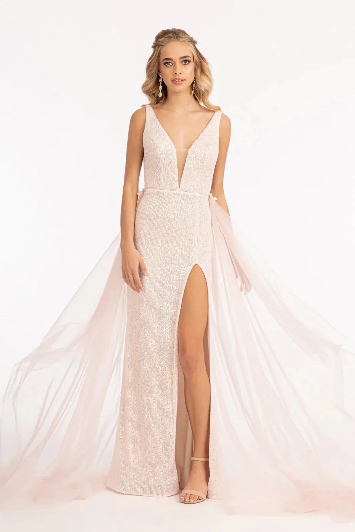 Blush appliqué prom evening dress full front