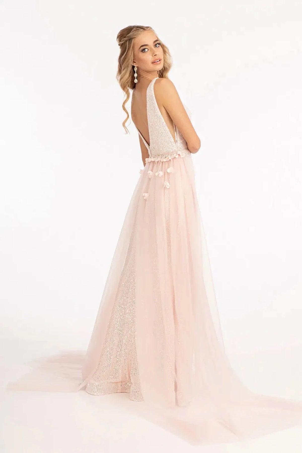 Blush prom evening dress full back with open back