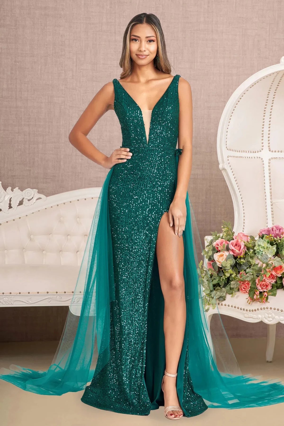 Green appliqué prom evening dress full front