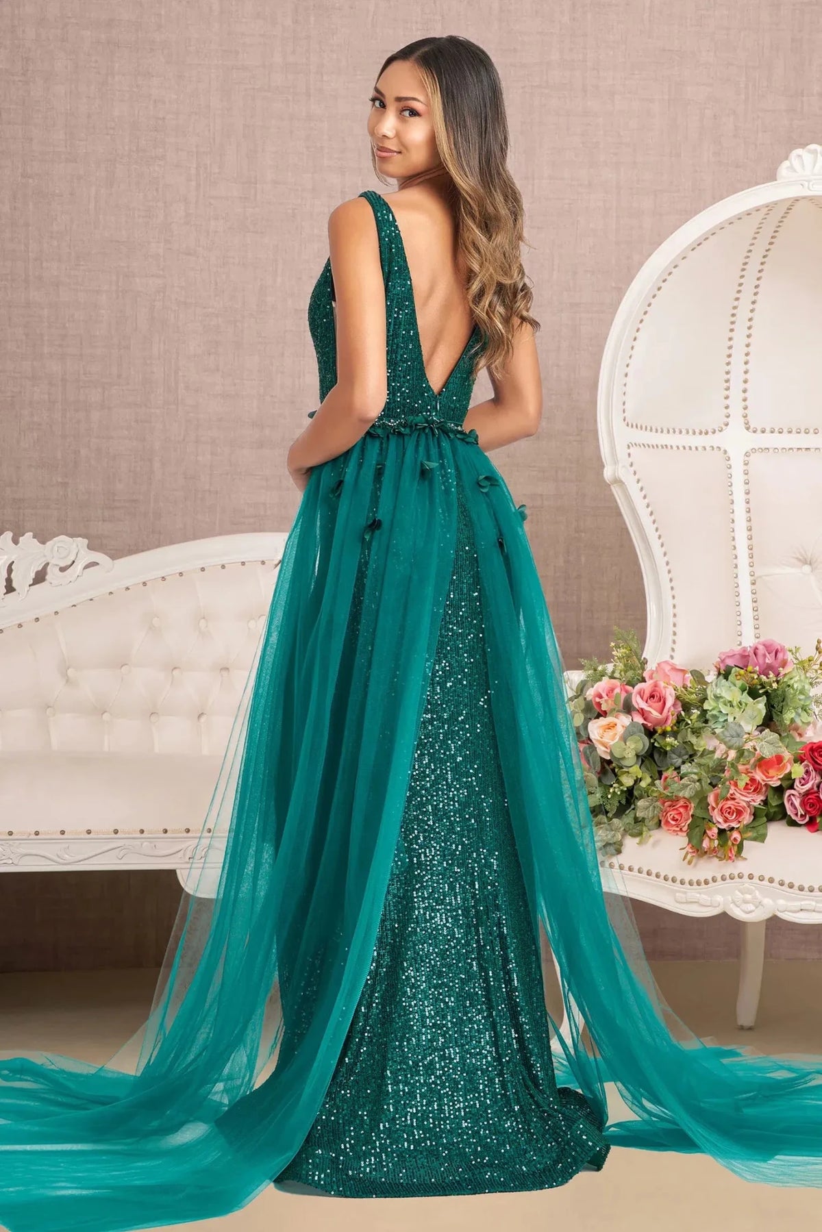 Green prom evening dress full back with open back