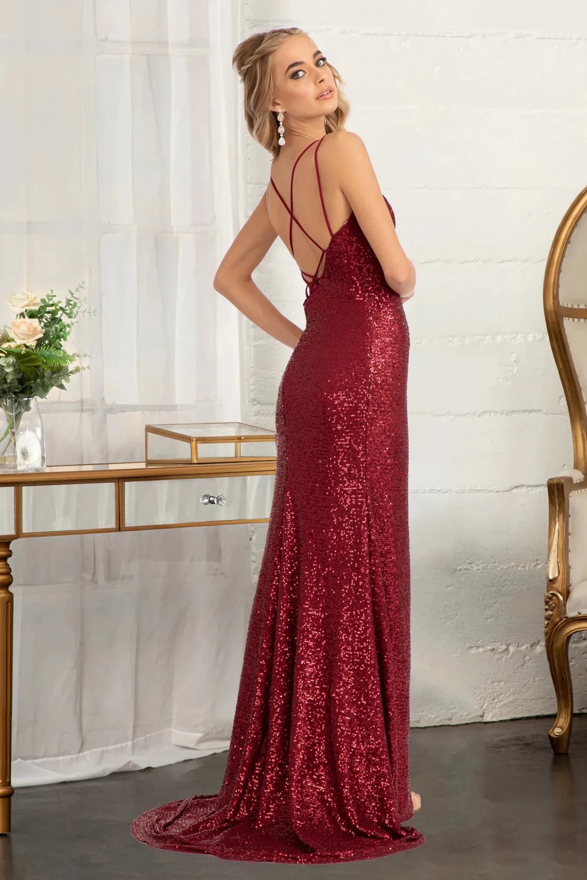 Burgundy prom evening dress full back with lace-up back