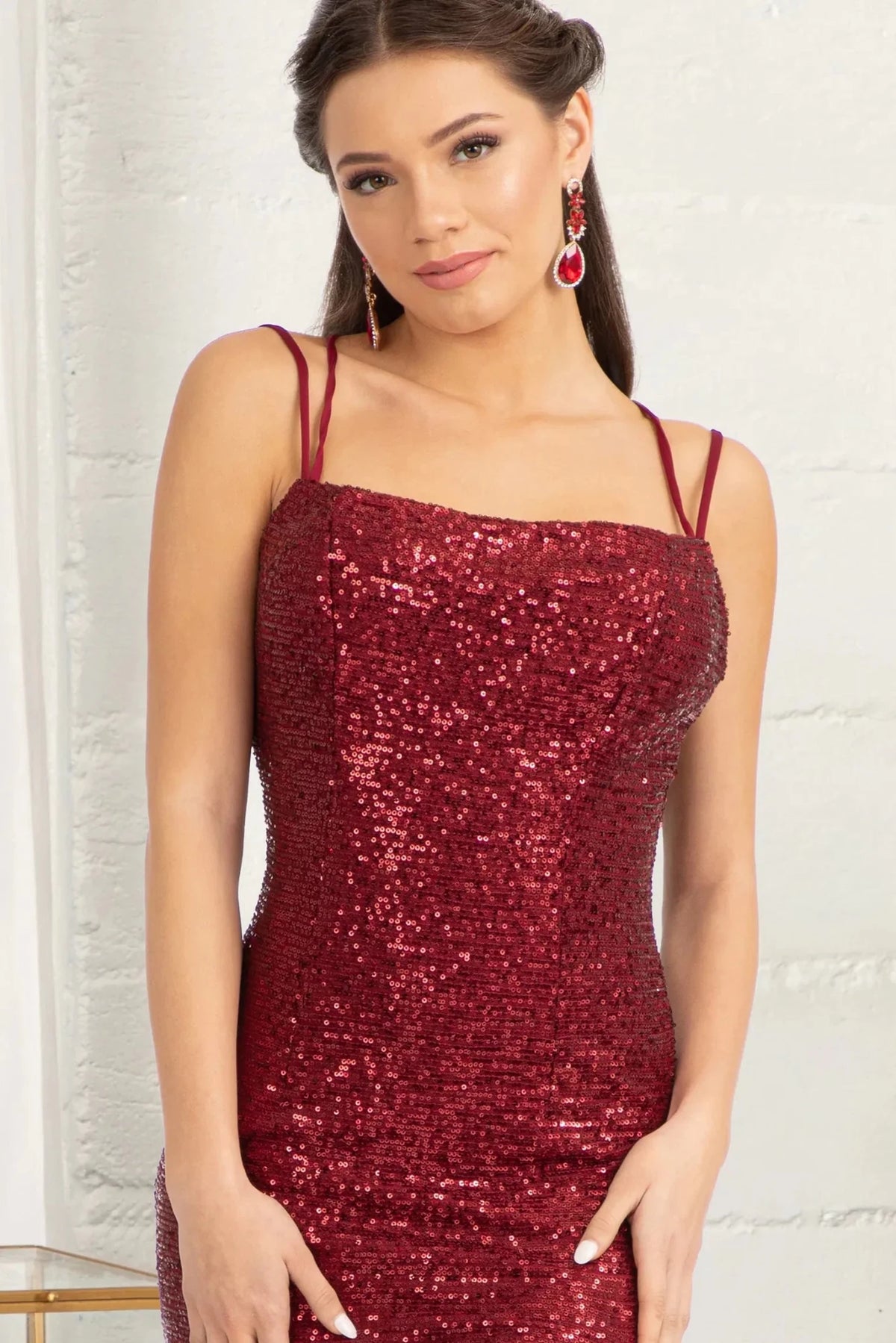 Burgundy straight across prom evening dress upper front with sequin