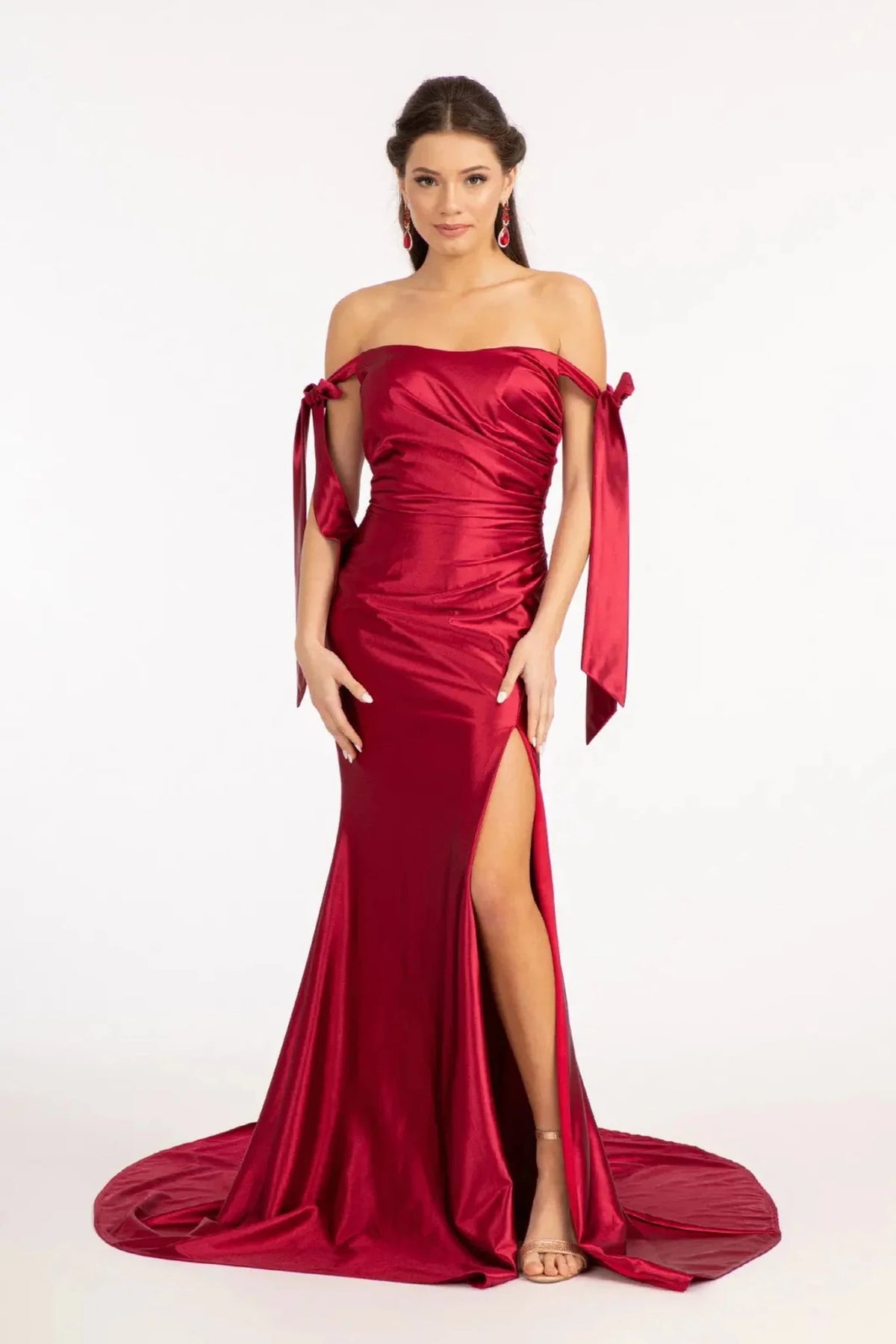 Burgundy satin off-shoulder prom evening dress full front