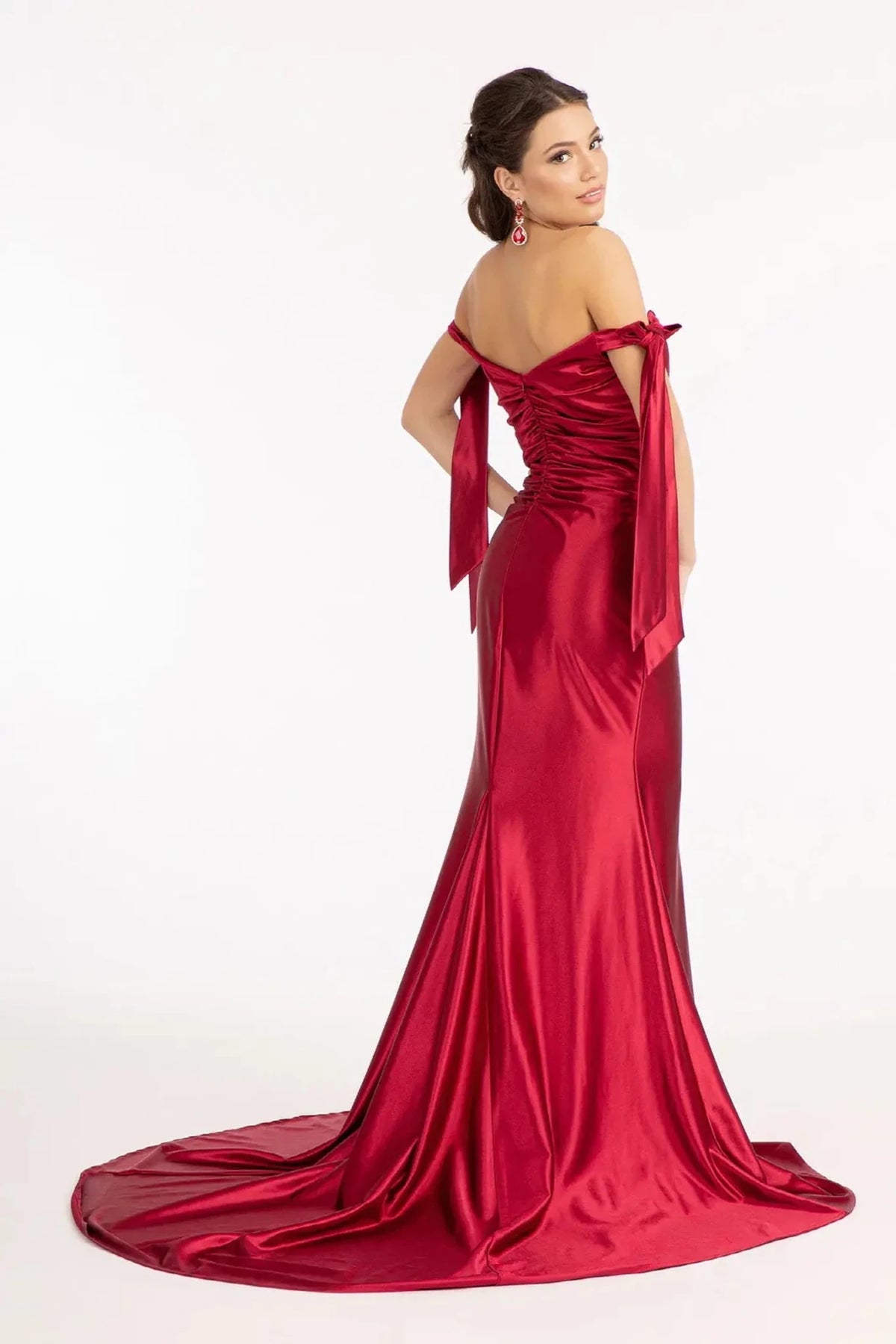 Burgundy prom evening dress full back with back detail