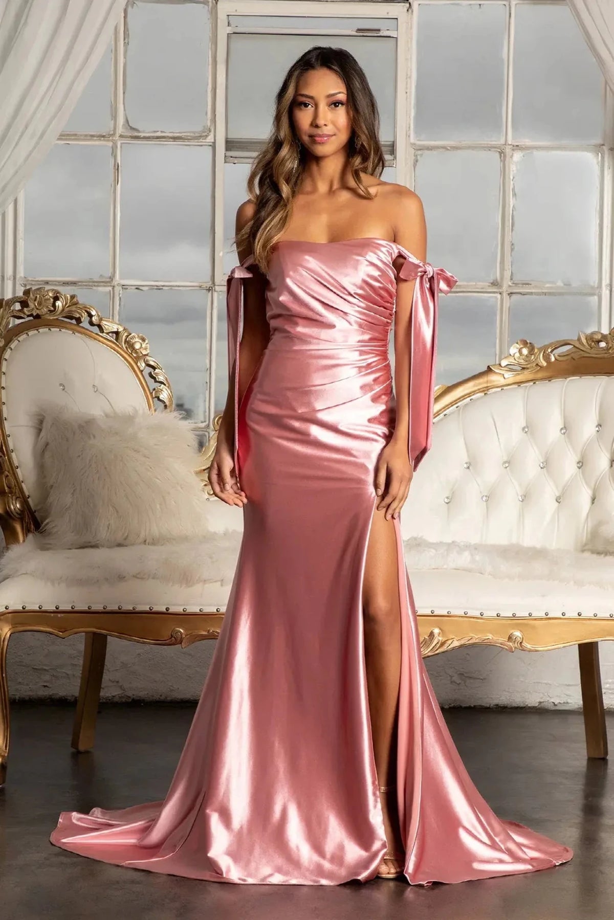 Dusty Rose satin off-shoulder prom evening dress full front