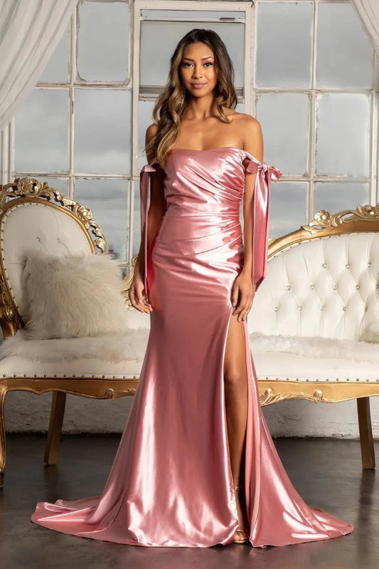 Full-length front view shows satin off-shoulder styling on the Dusty Rose prom evening dress.