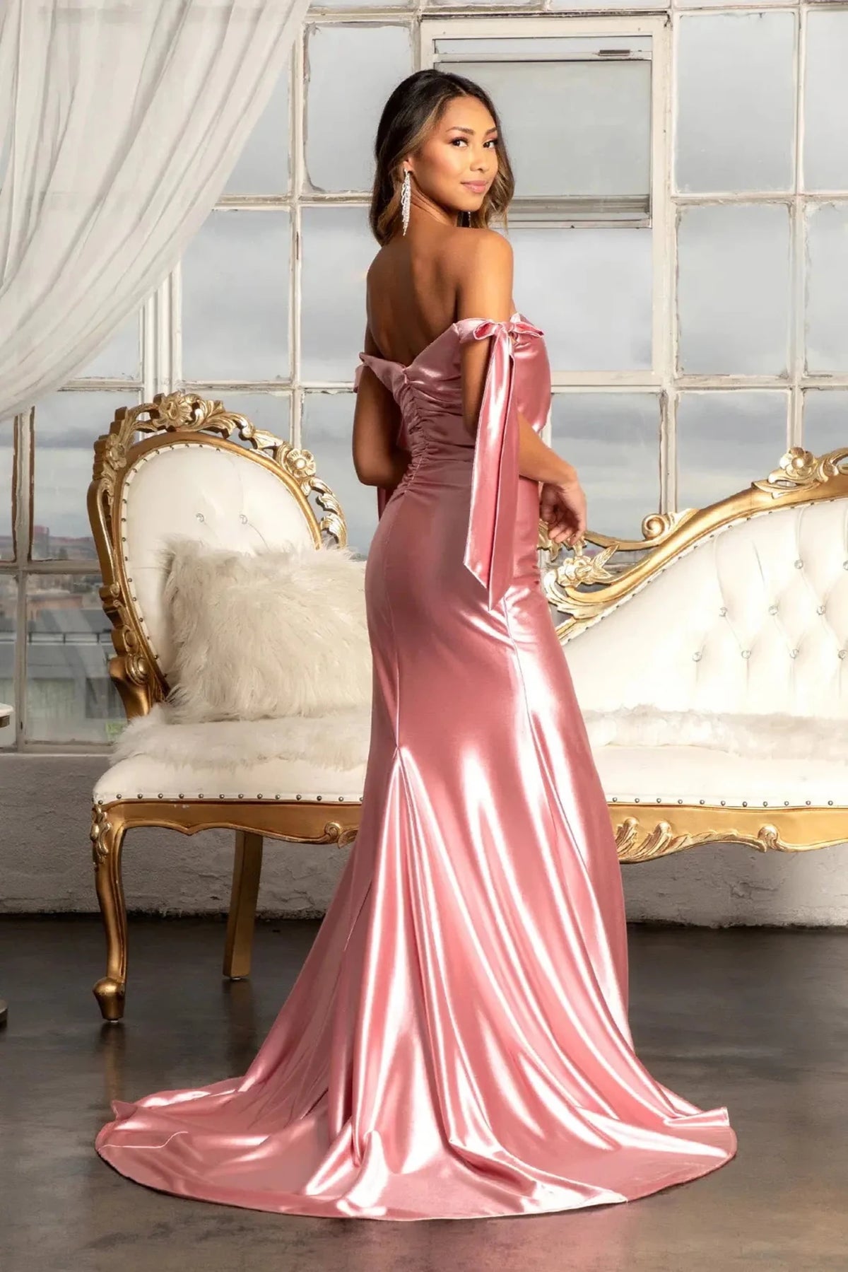 Dusty Rose prom evening dress full back with back detail