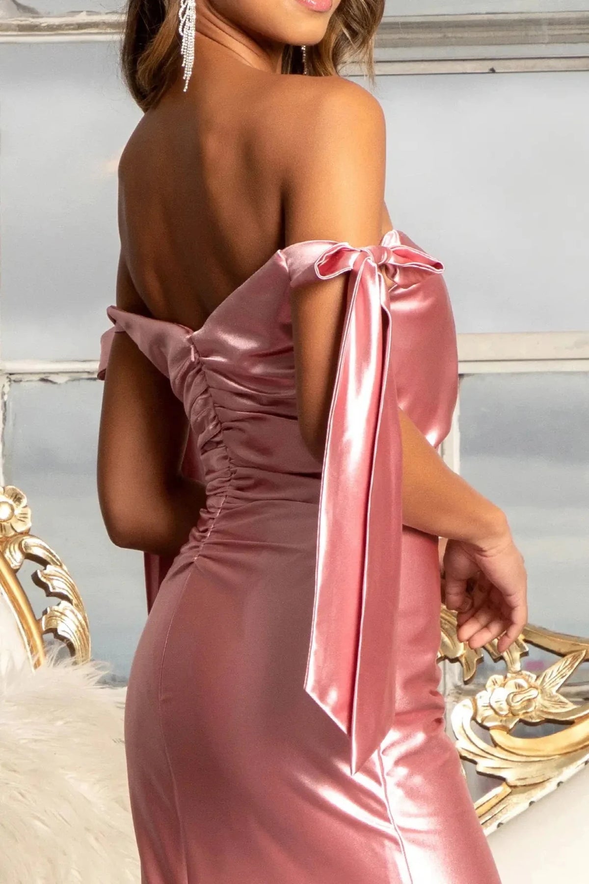 Dusty Rose prom evening dress off-shoulder bodice detail