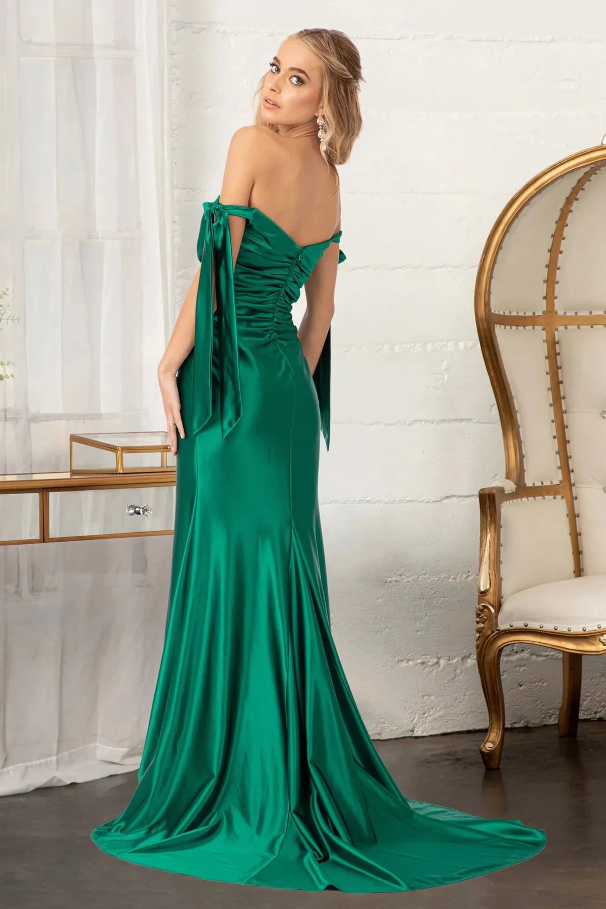 Emerald Green prom evening dress full back with back detail