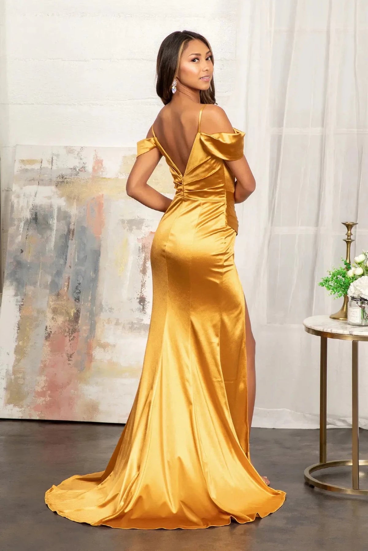 Gold prom evening dress full back with open back