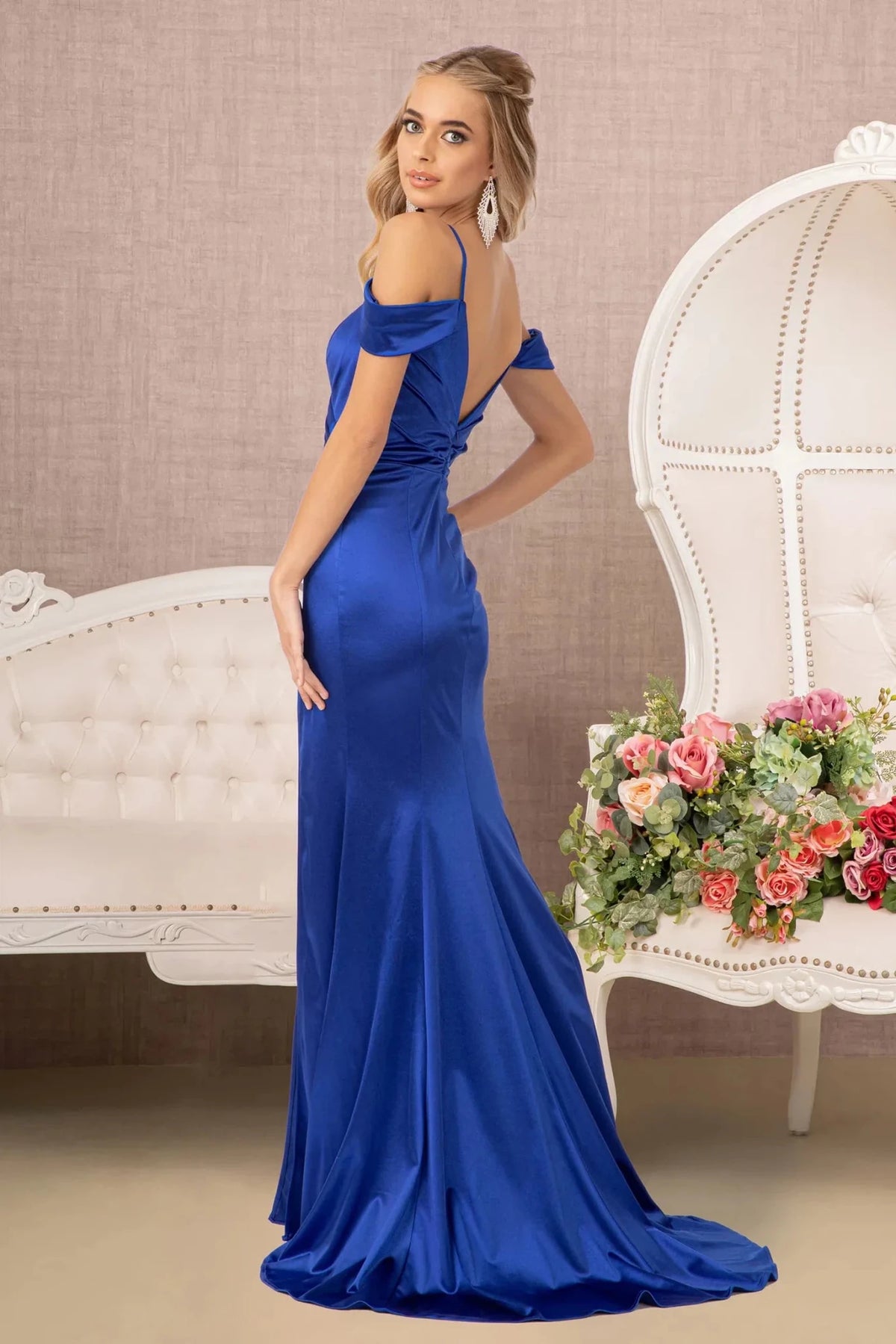 Royal Blue prom evening dress full back with open back