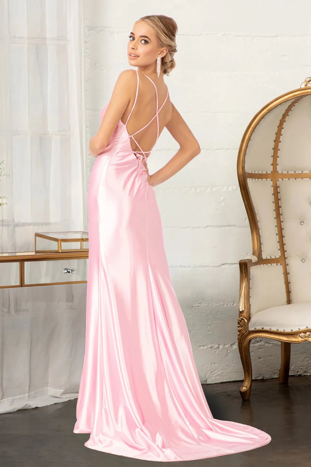 Blush prom evening dress full back with lace-up back