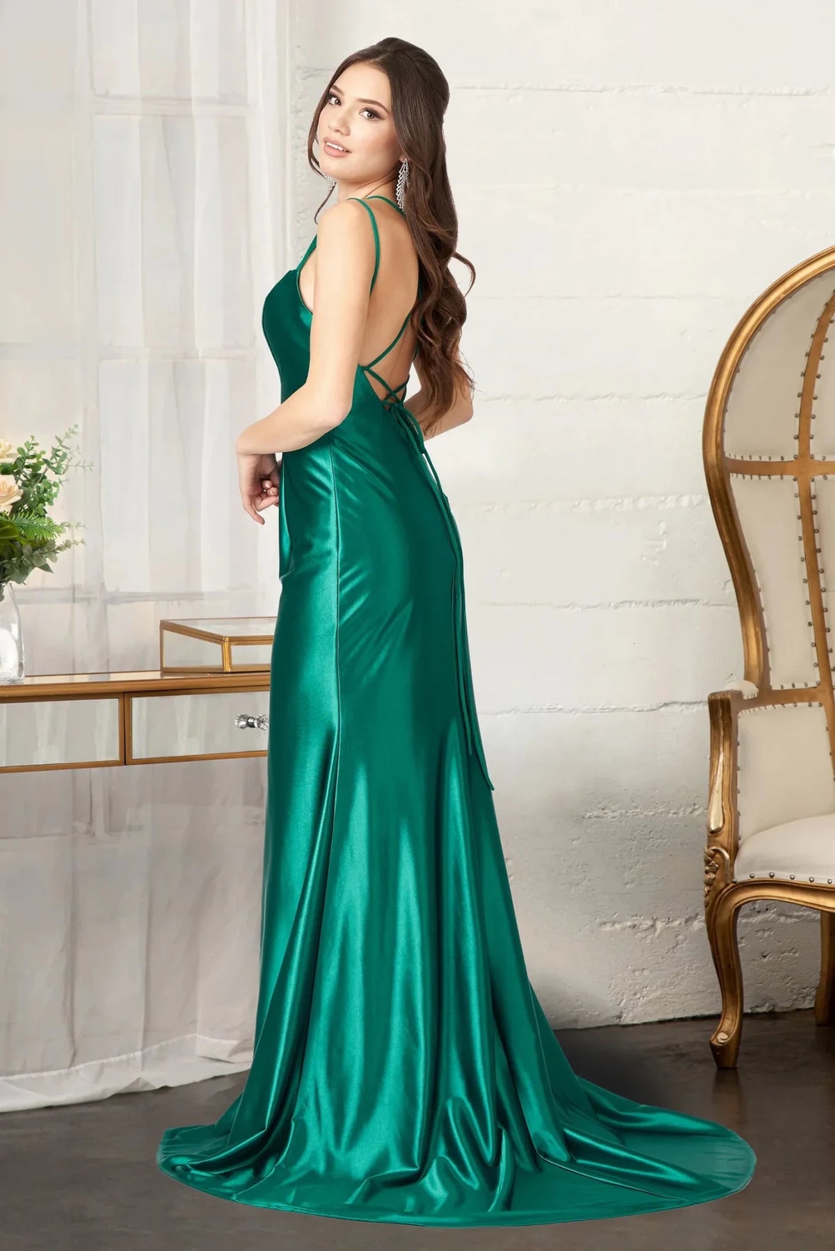 Green prom evening dress full back with lace-up back