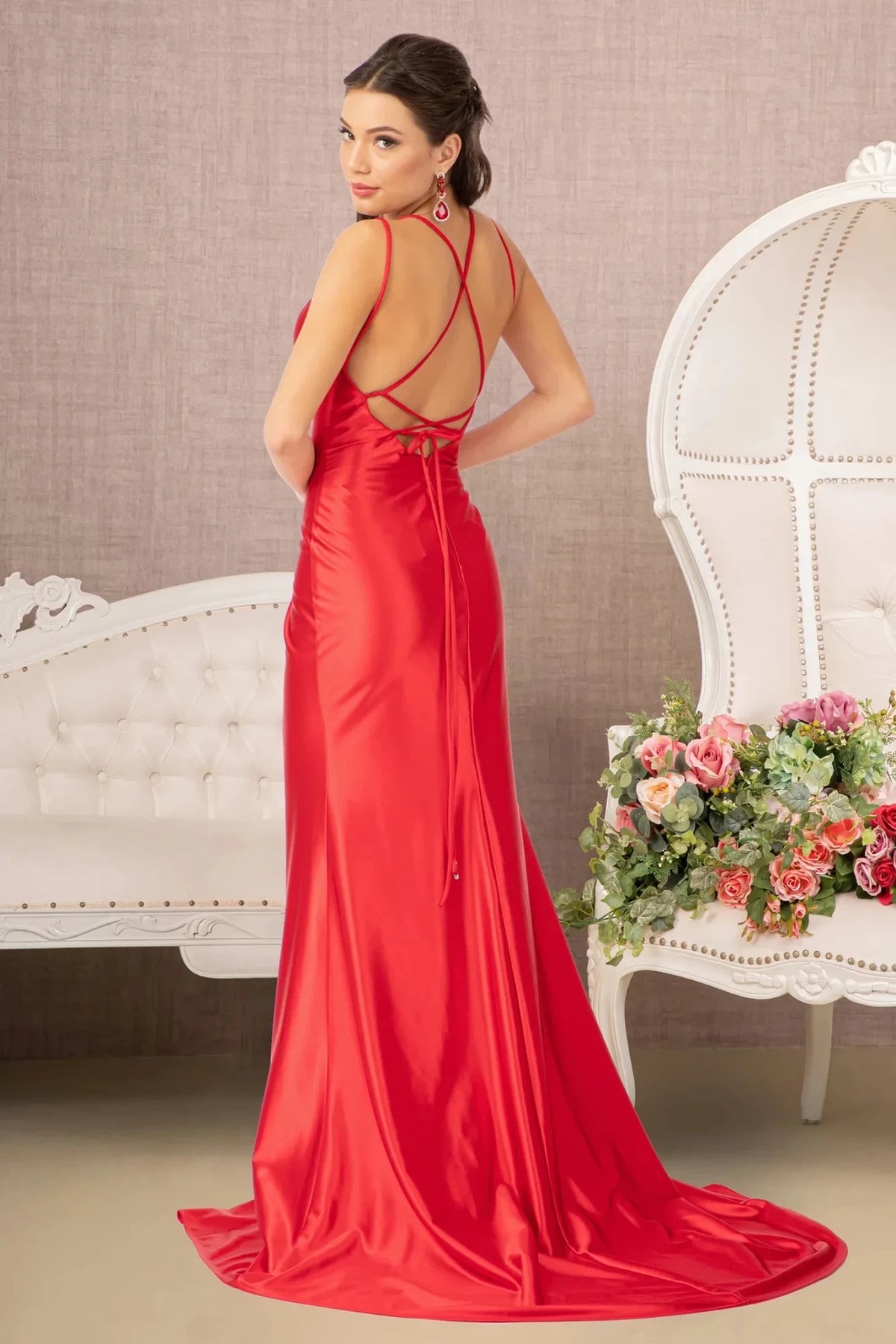 Red prom evening dress full back with lace-up back