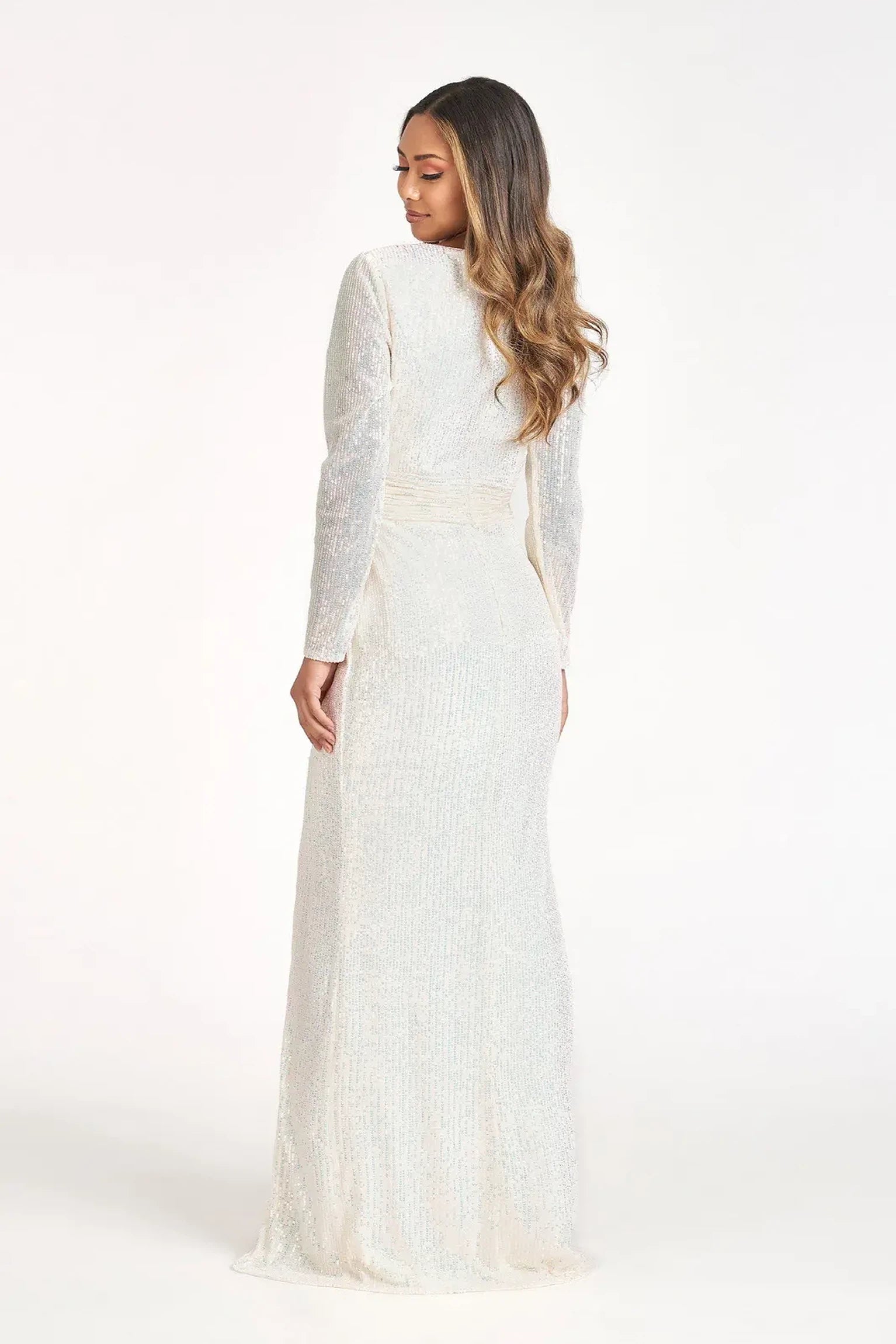 Champagne mermaid mother of the bride dress with concealed zipper back and long sleeve