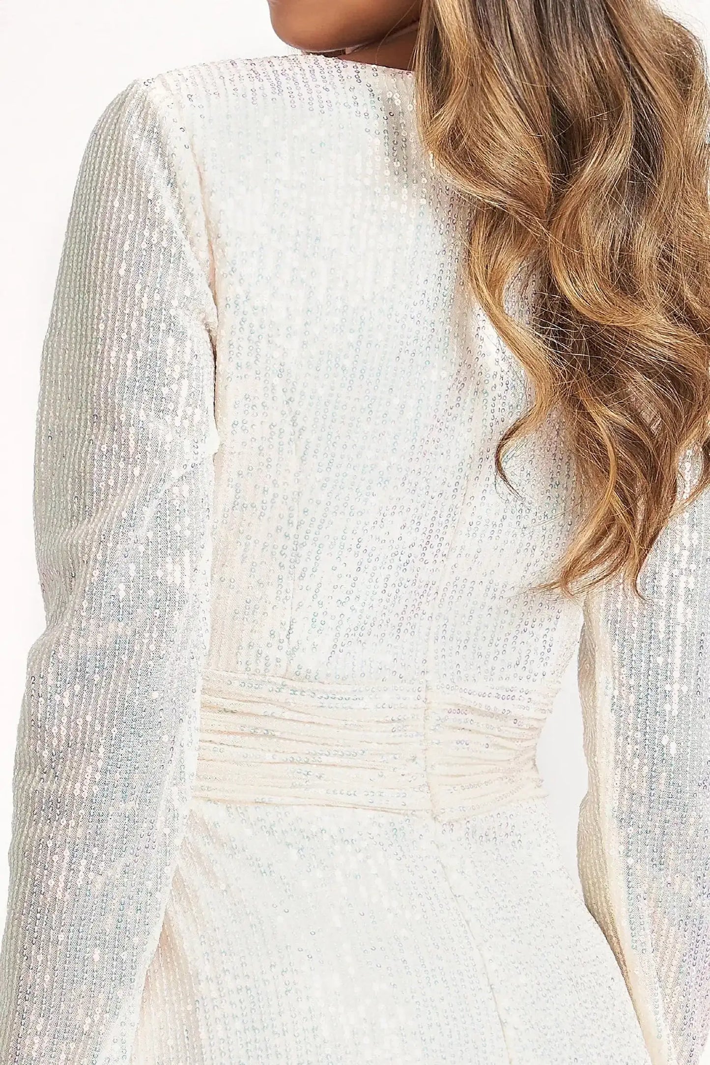 Champagne mother of the bride dress featuring concealed zipper back bodice finished with sequin
