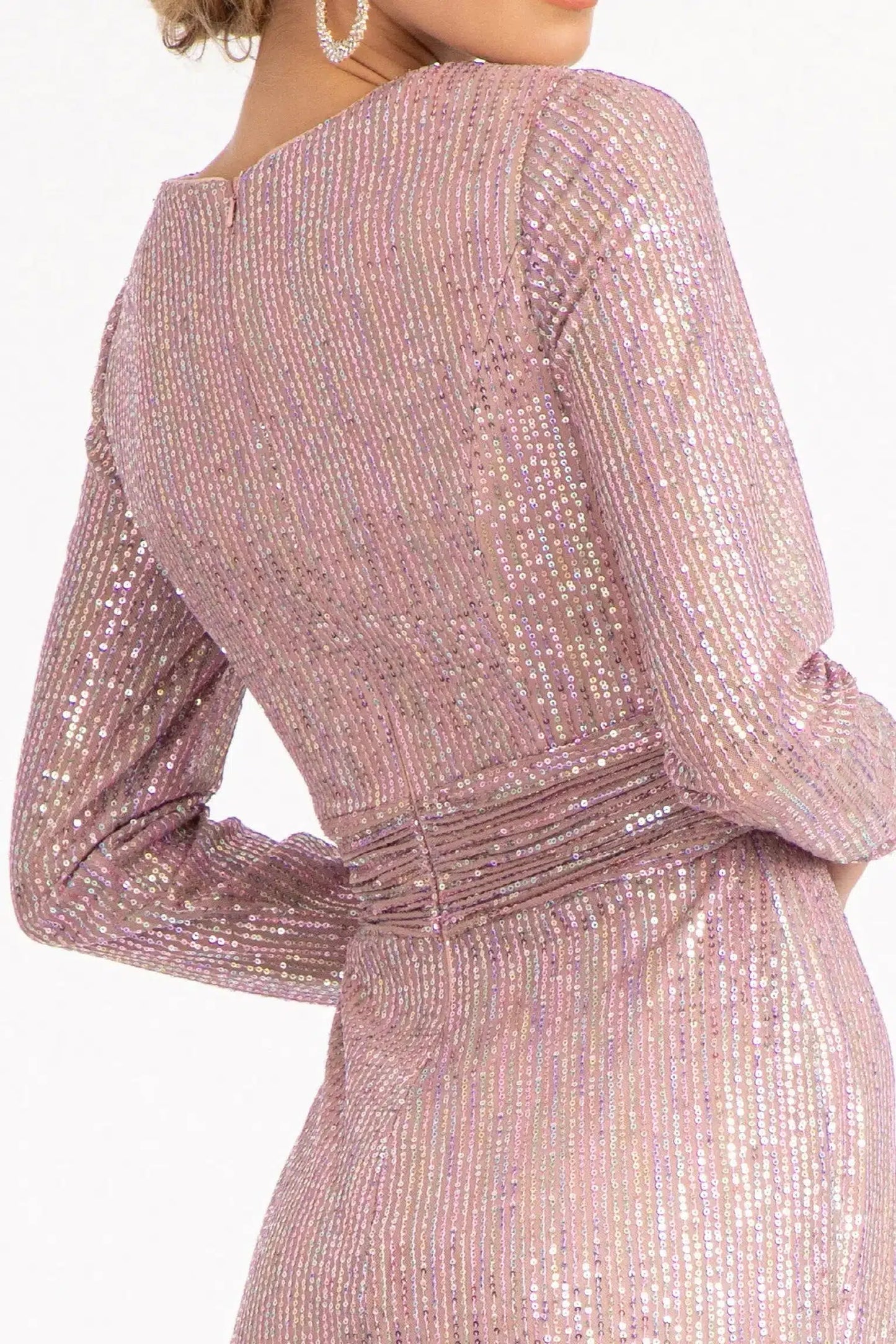 Mauve mother of the bride dress featuring concealed zipper back bodice finished with sequin