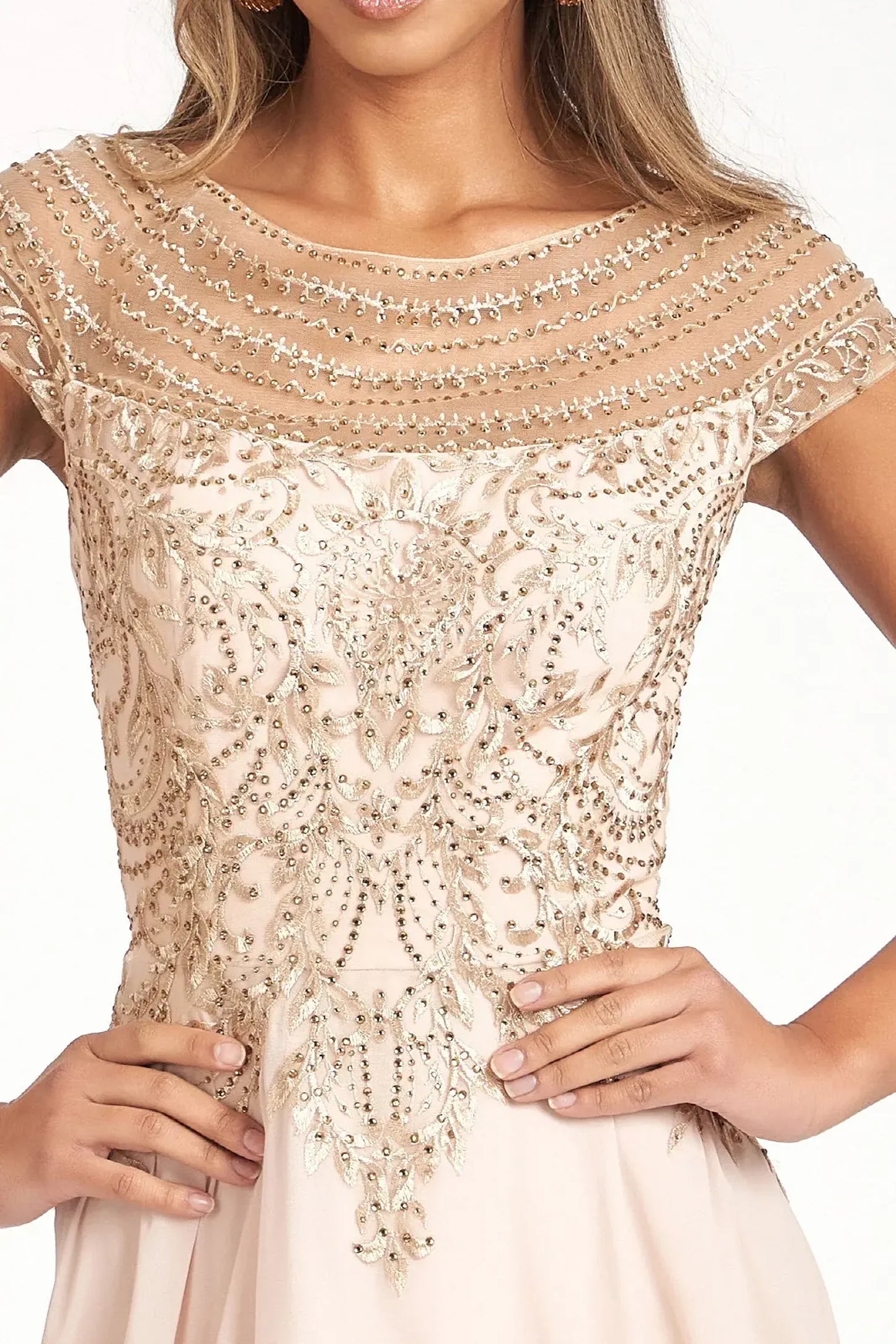 Champagne mother of the bride dress featuring boat-neck bodice with cap sleeve and beads, embroidery