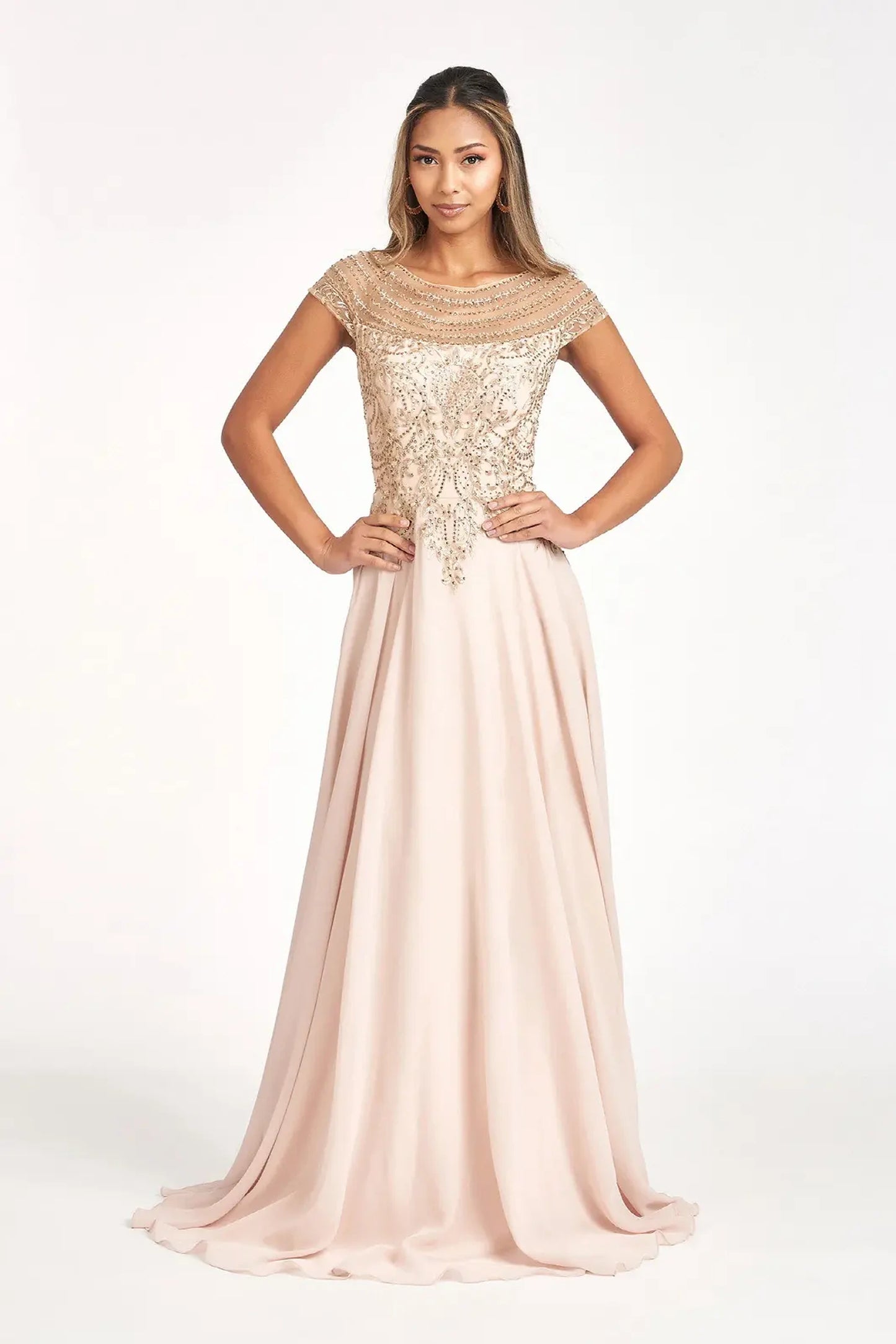 Champagne chiffon a-line mother of the bride dress with boat-neck