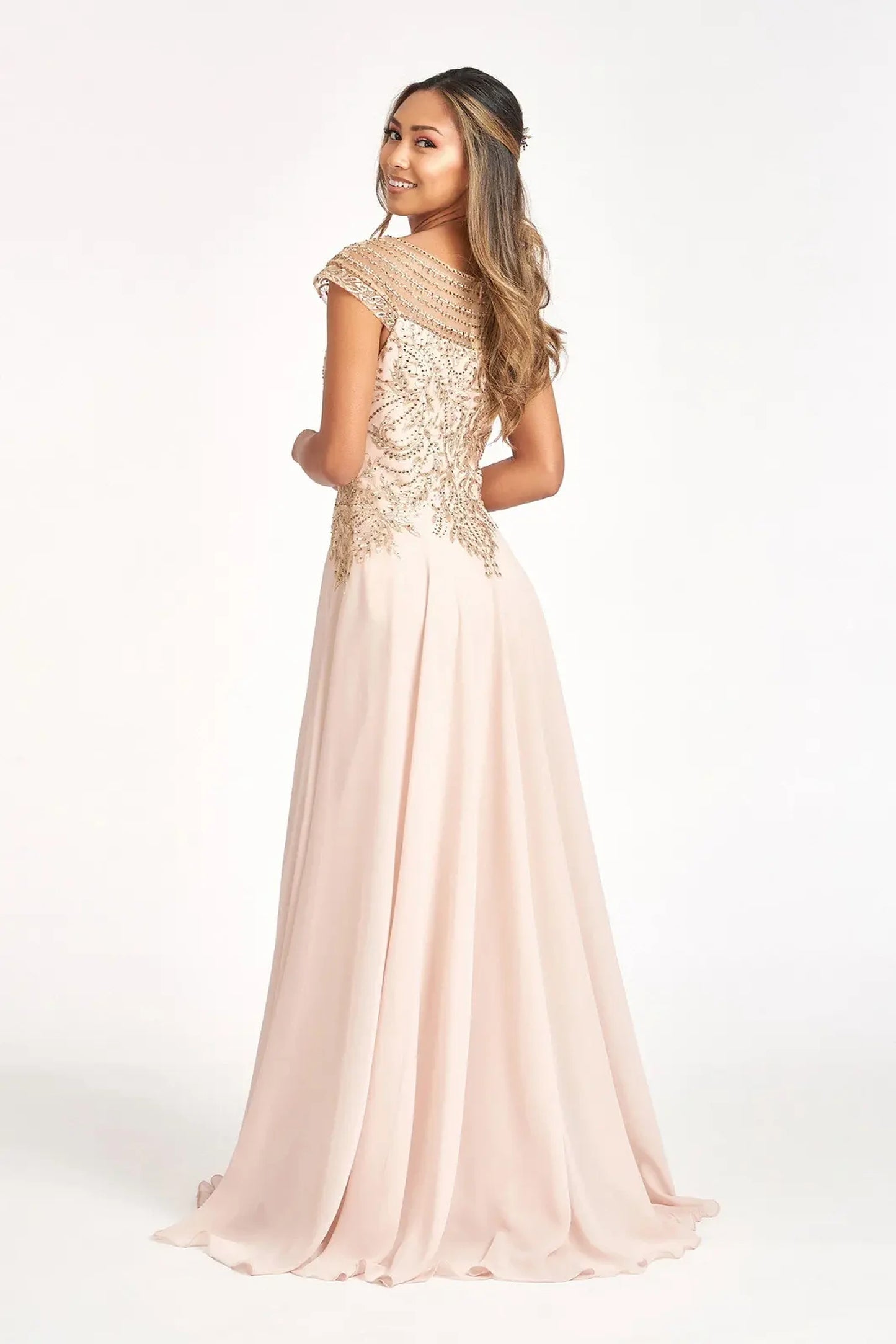 Champagne a-line mother of the bride dress with concealed zipper back and cap sleeve