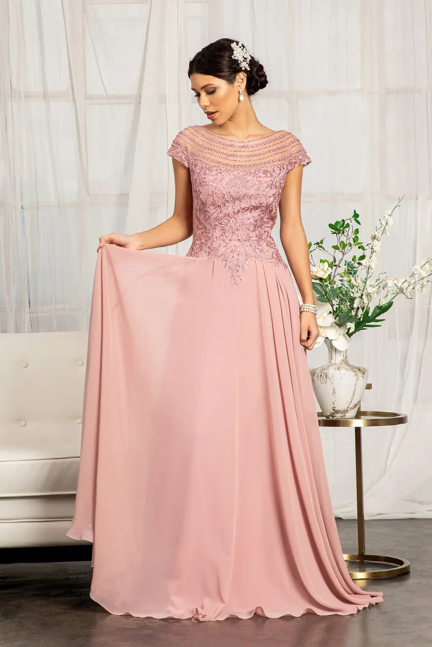 Dusty Rose chiffon a-line mother of the bride dress with boat-neck